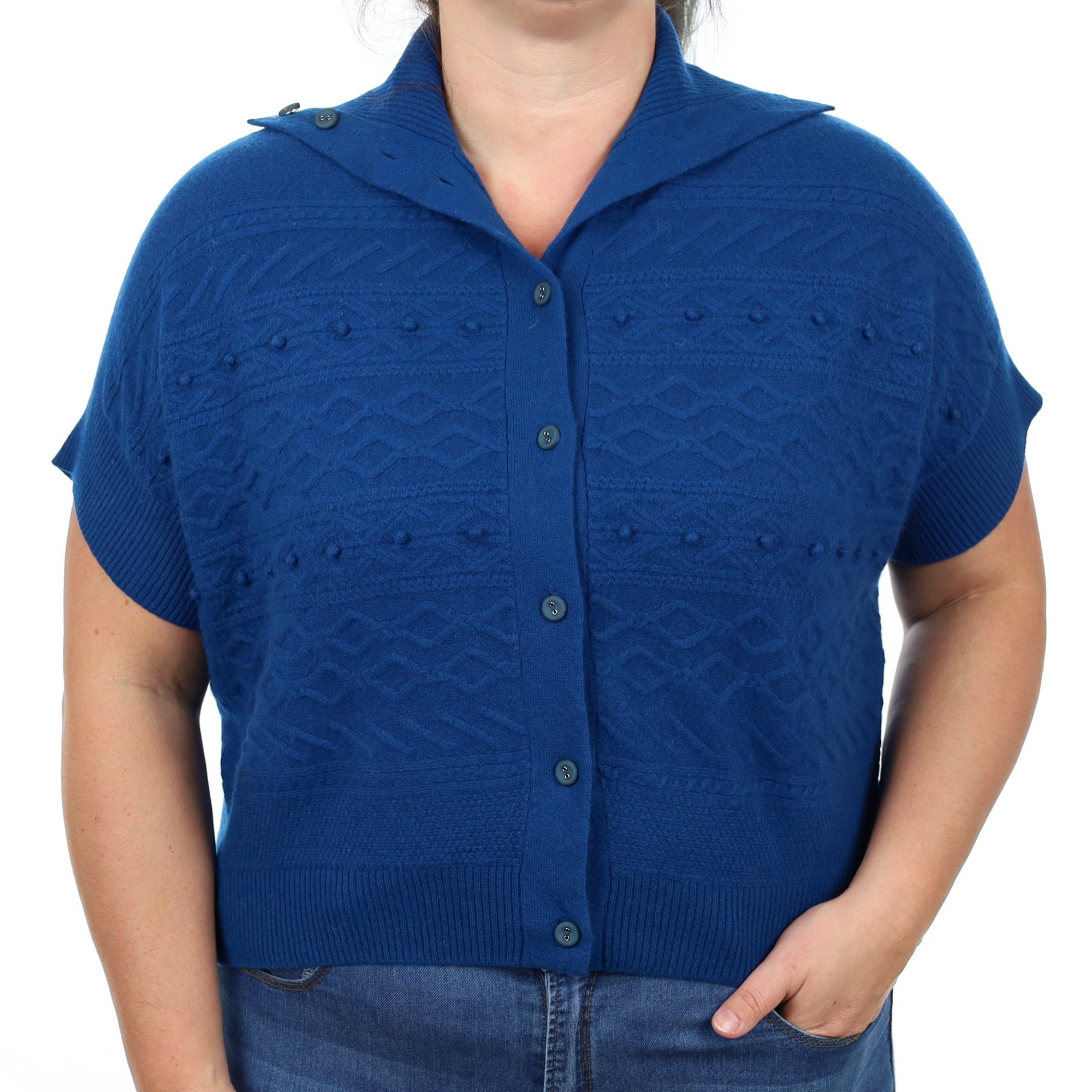Teal Blue Cashmere Short-Sleeved Cardigan Large
