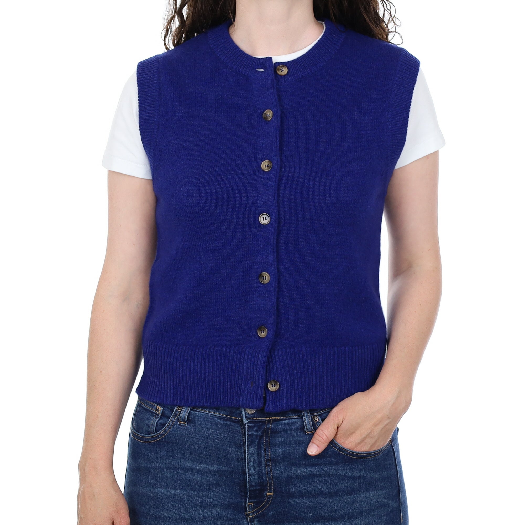Brand New Lapis Blue Luxury Cashmere Crew Neck Waistcoat Small UK 8-10