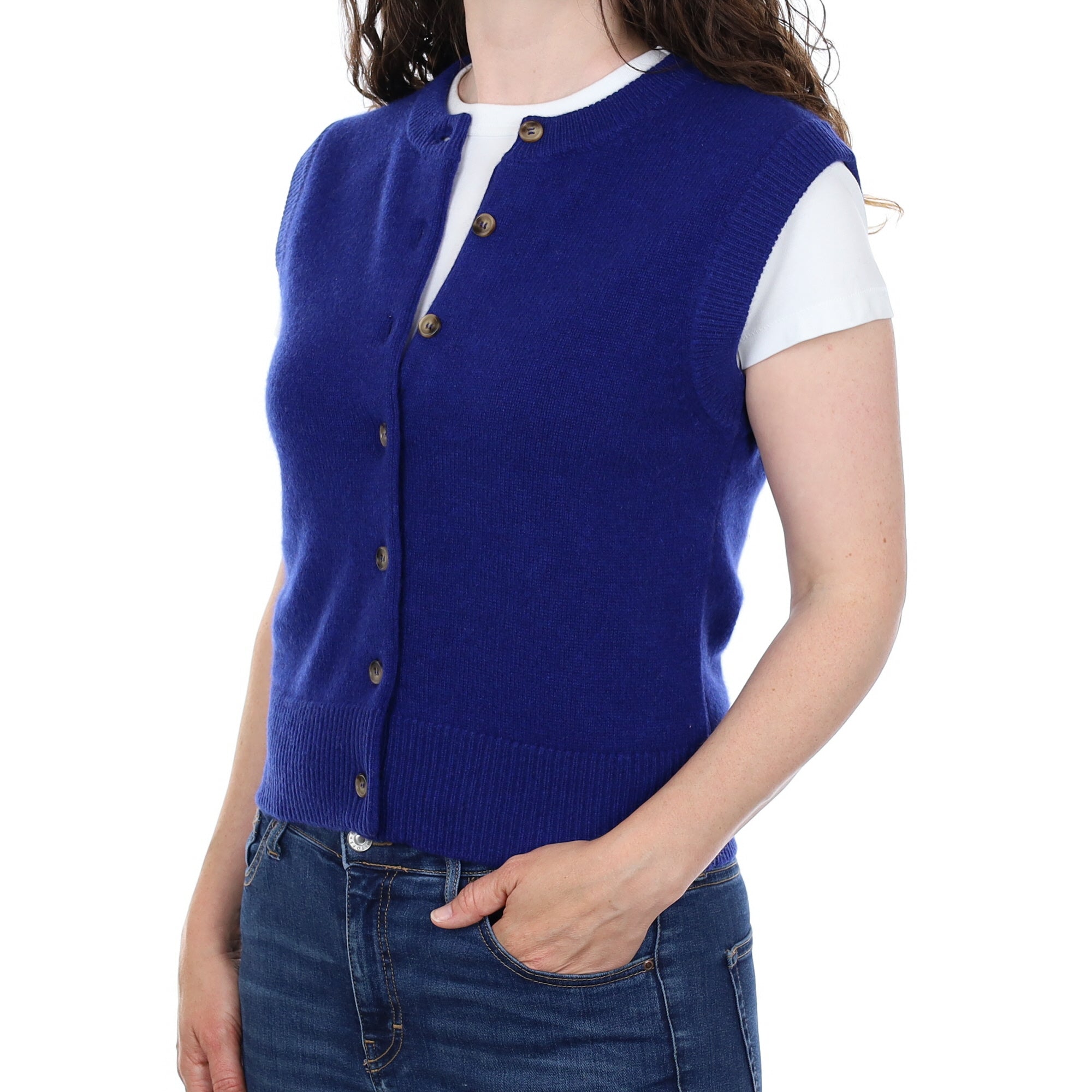 Brand New Lapis Blue Luxury Cashmere Crew Neck Waistcoat Small UK 8-10