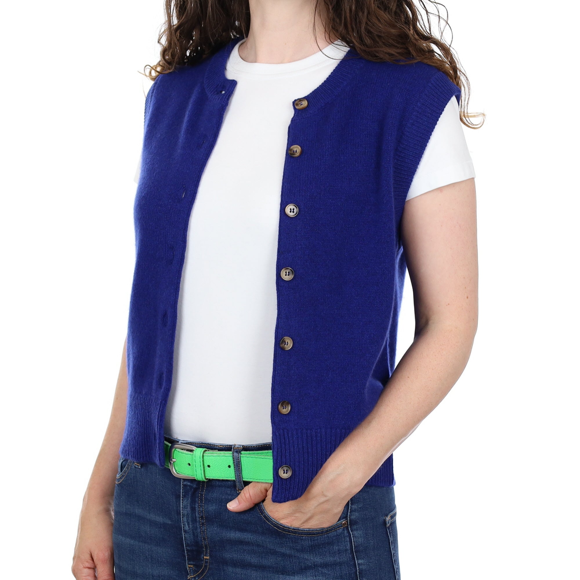 Brand New Lapis Blue Luxury Cashmere Crew Neck Waistcoat Small UK 8-10