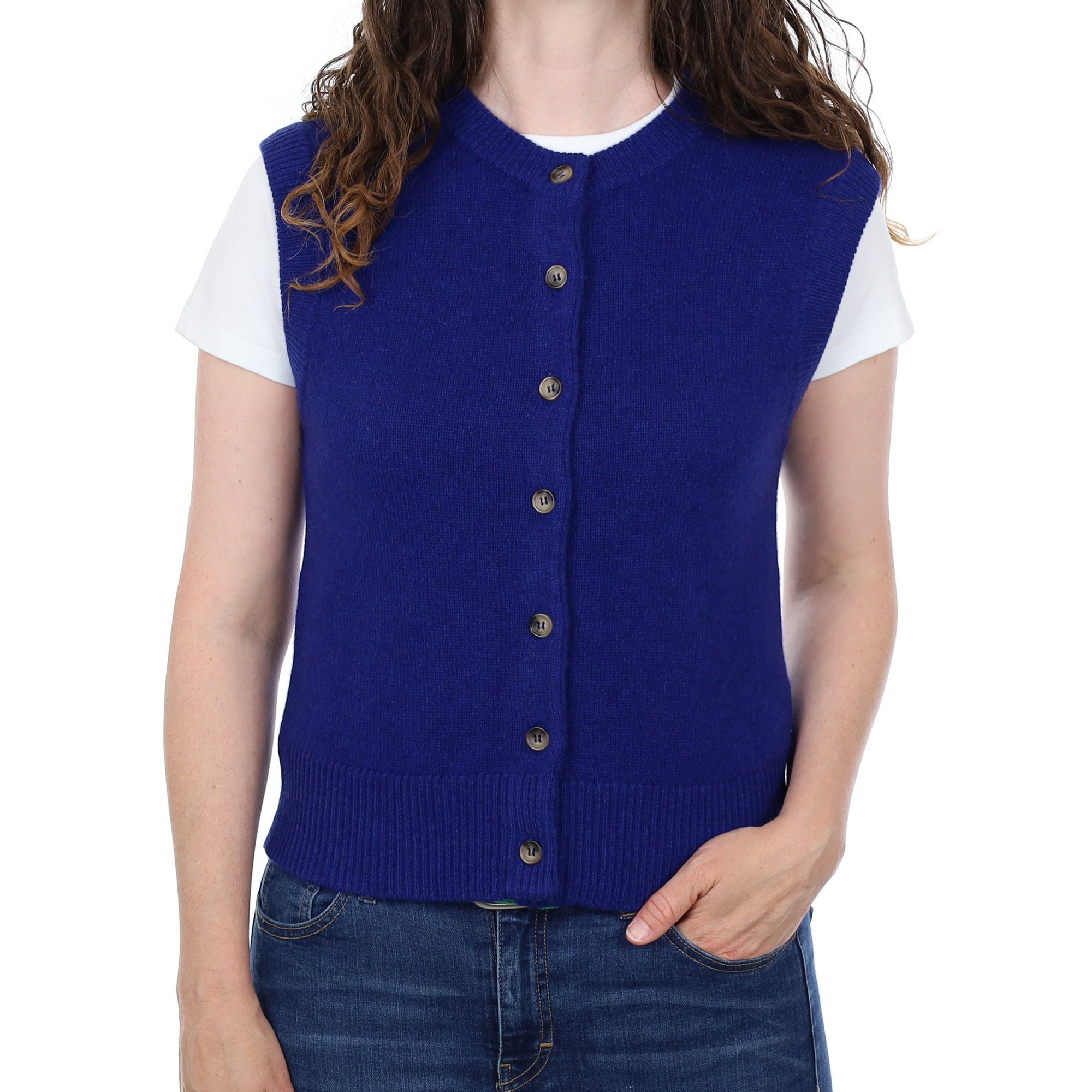 Brand New Lapis Blue Luxury Cashmere Crew Neck Waistcoat Small UK 8-10