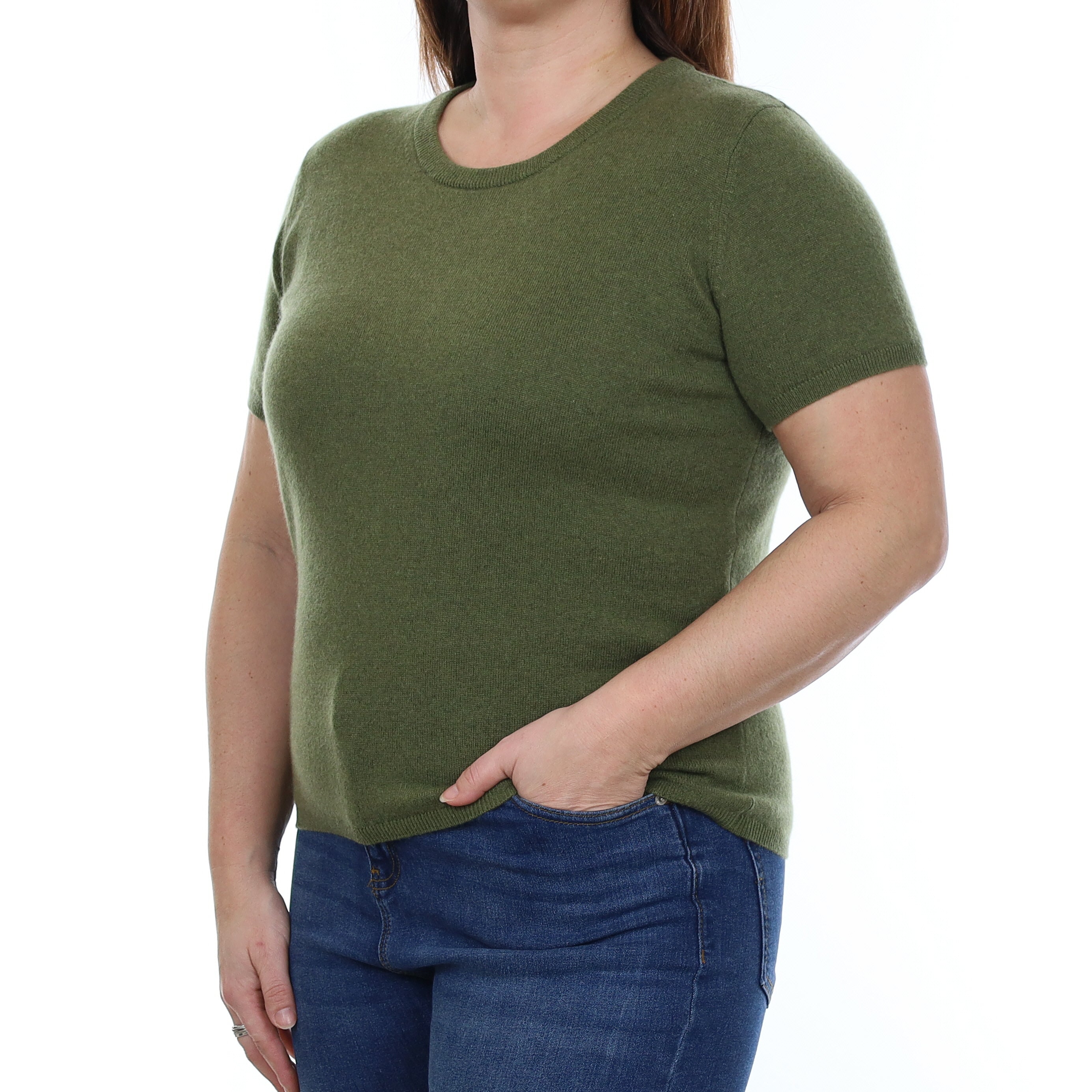 Brand New Olive Green Cashmere Crew Neck T-Shirt Large UK 16-18