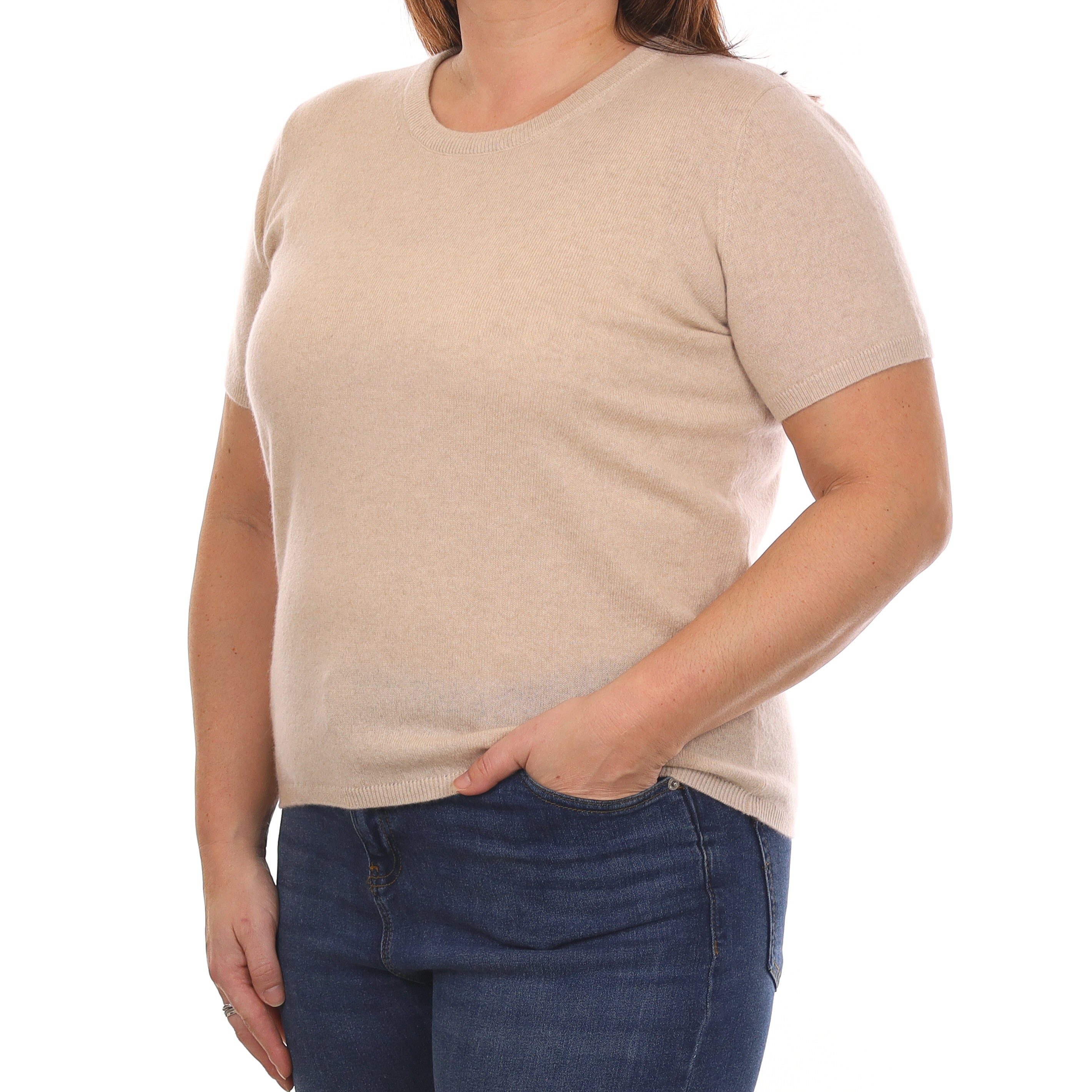 Brand New Sand Beige Cashmere Crew Neck T-Shirt Large UK 16-18