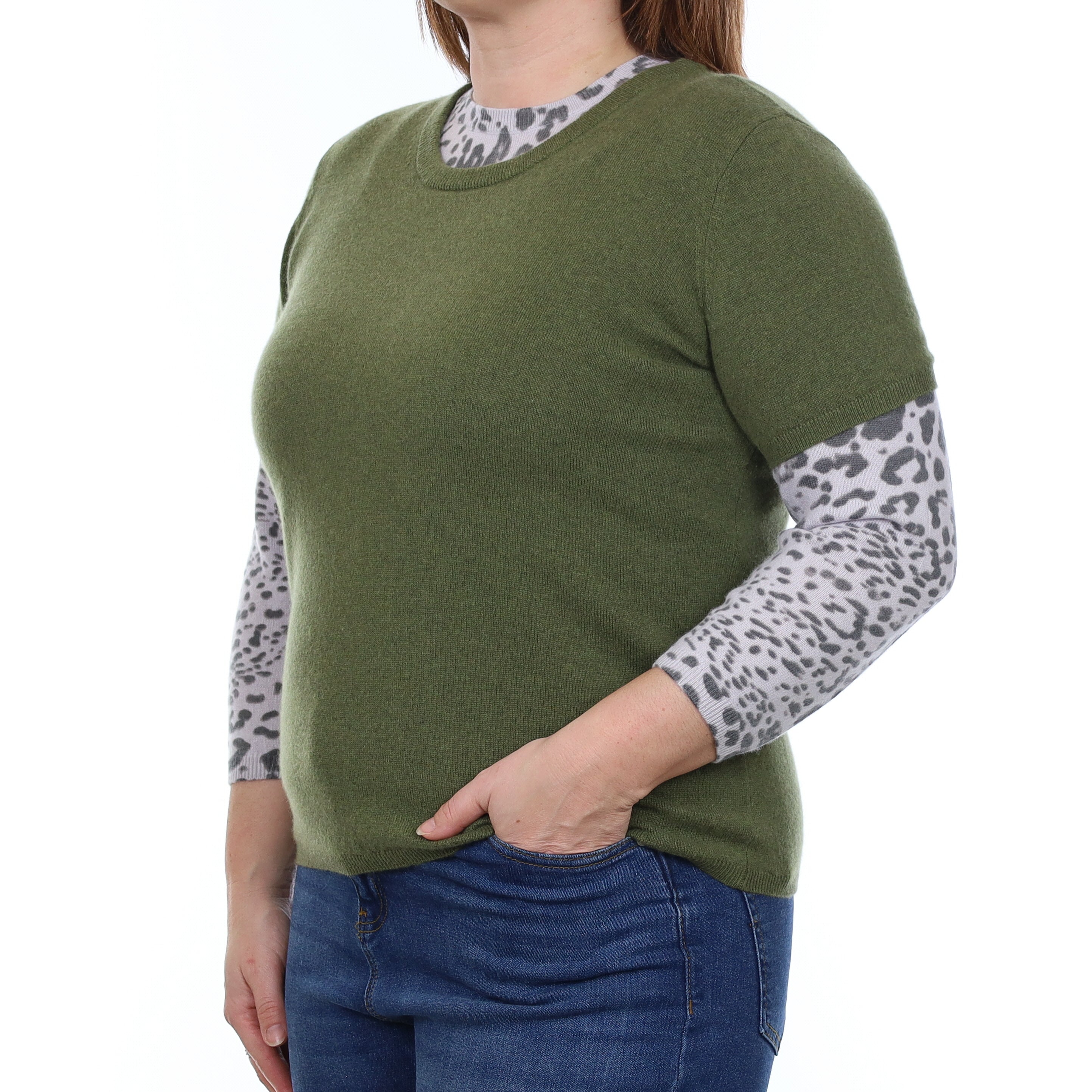 Brand New Olive Green Cashmere Crew Neck T-Shirt Large UK 16-18