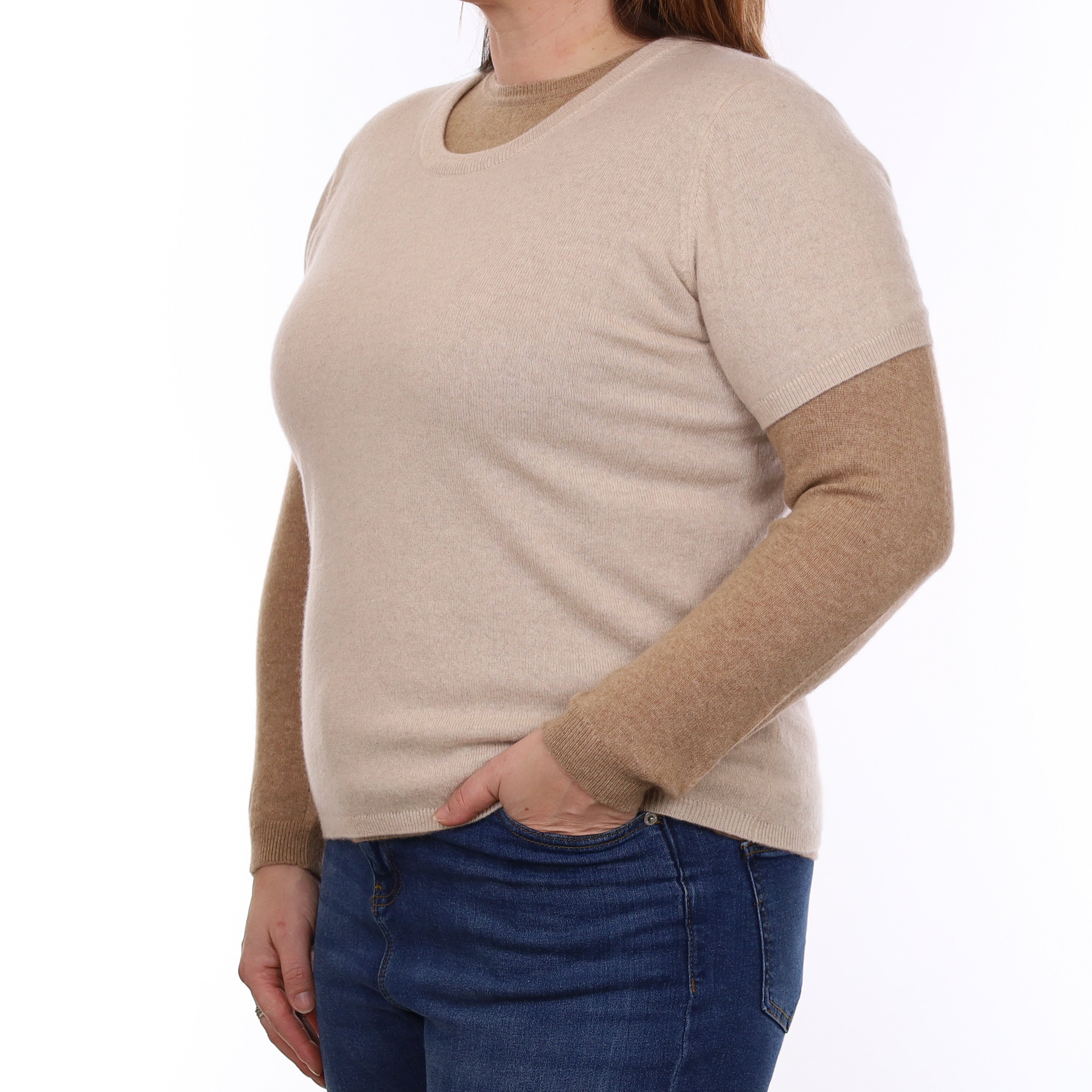 Brand New Sand Beige Cashmere Crew Neck T-Shirt Large UK 16-18