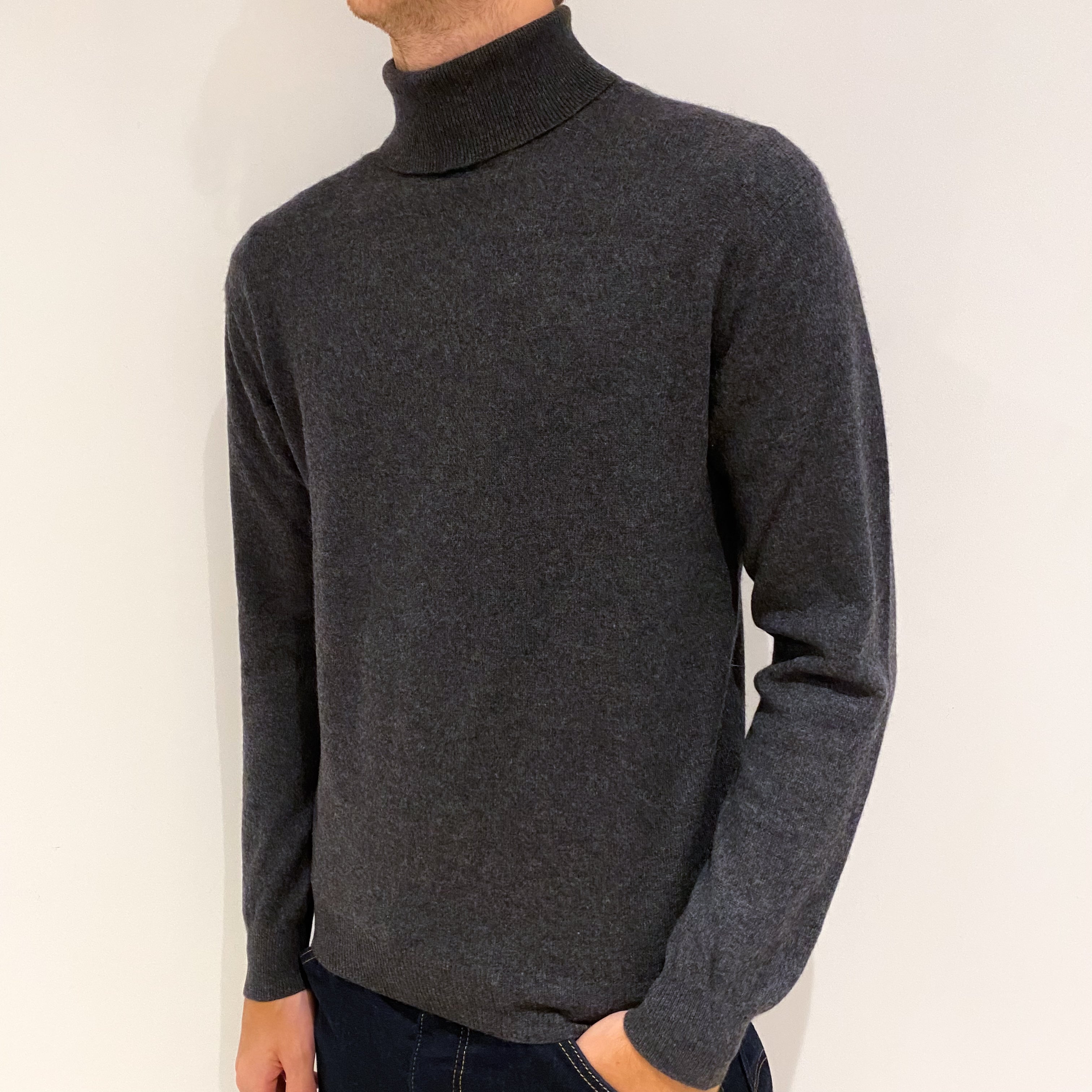 Men's Charcoal Grey Cashmere Polo Neck Jumper Medium