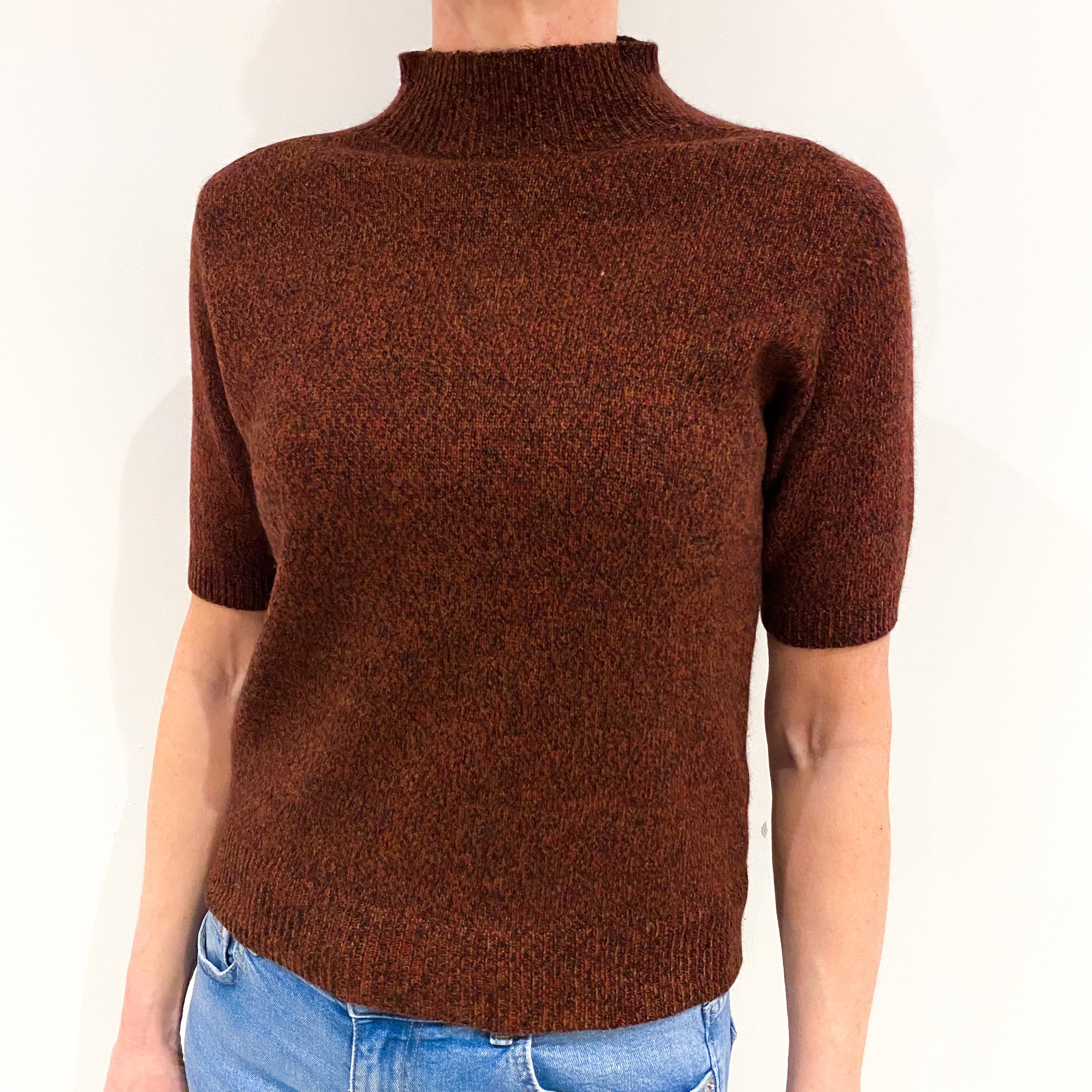 Wine Red Marl Short Sleeved Cashmere Turtle Neck Jumper Small