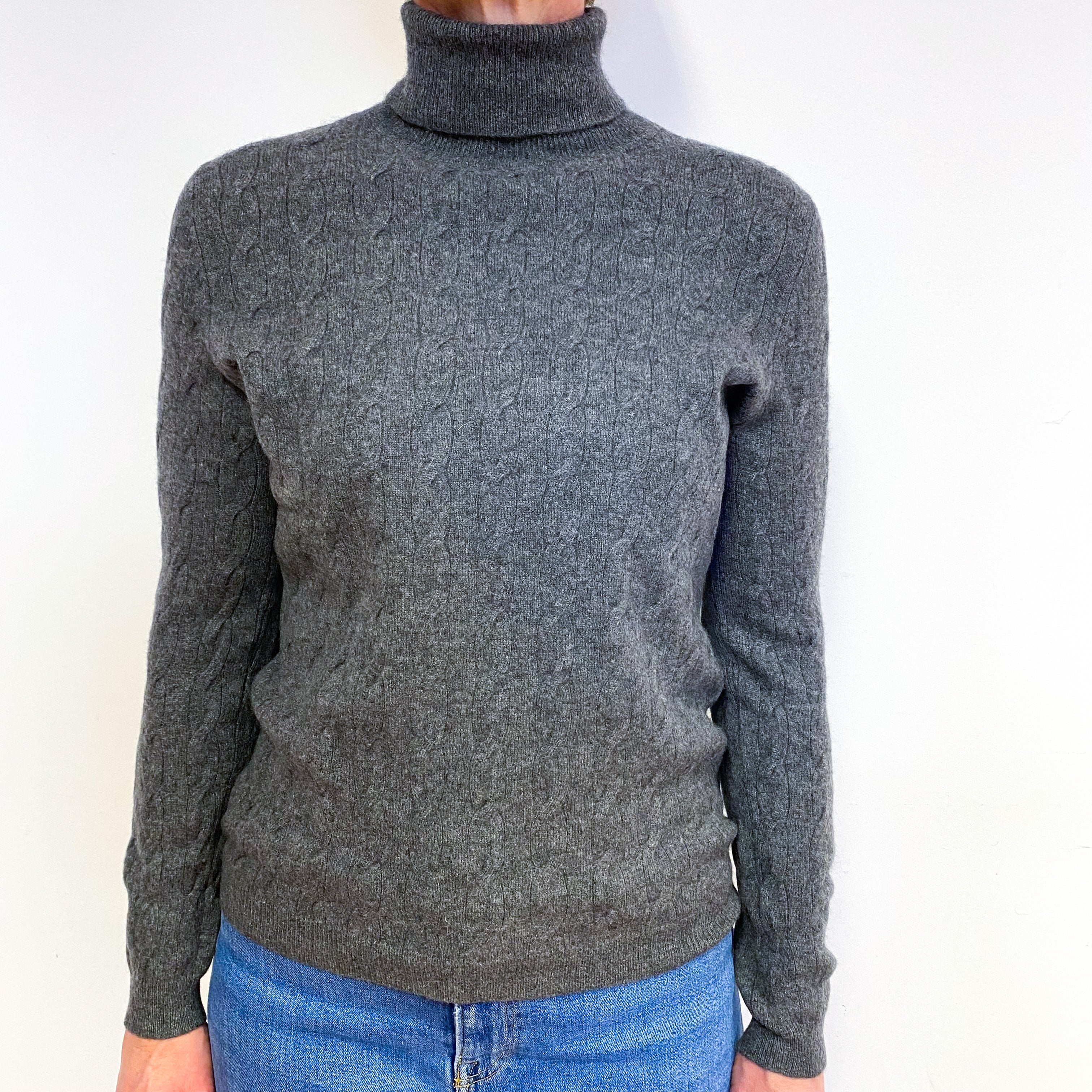 Steel Grey Cashmere Cable Knit Polo Neck Jumper Medium