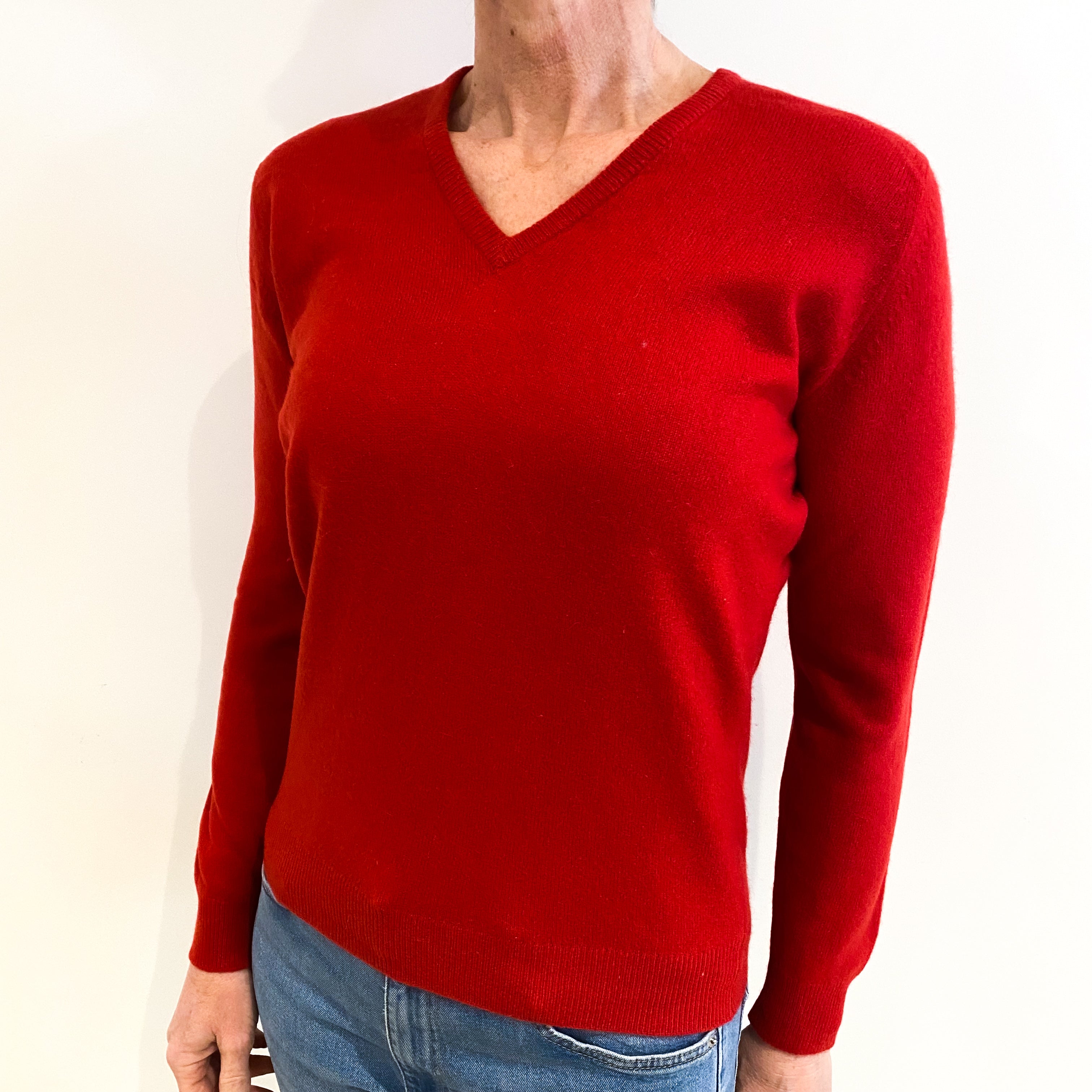 Jaeger Vintage Spanish Red Cashmere V Neck Jumper Small