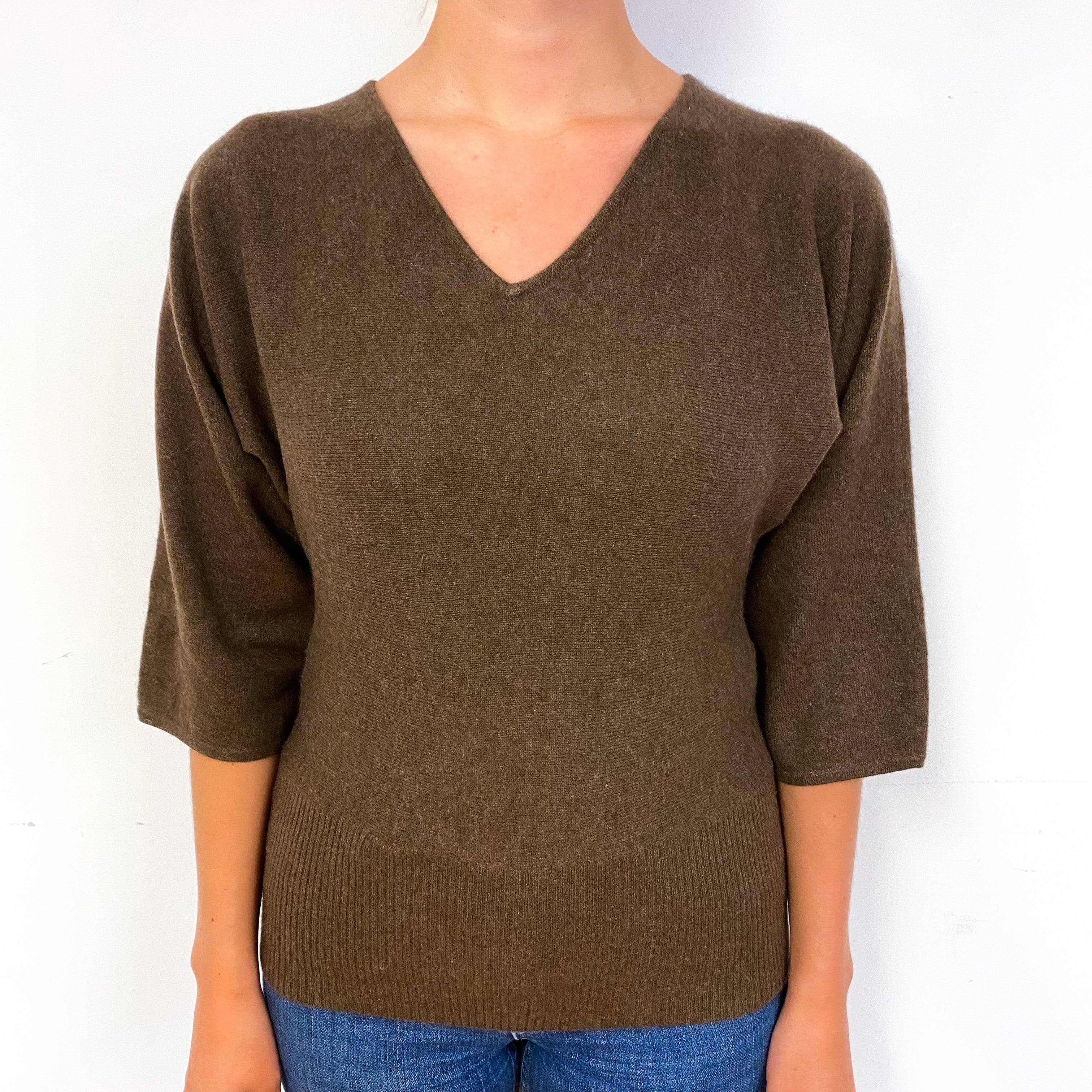 Mole Brown Batwing Cashmere V-Neck Jumper Small
