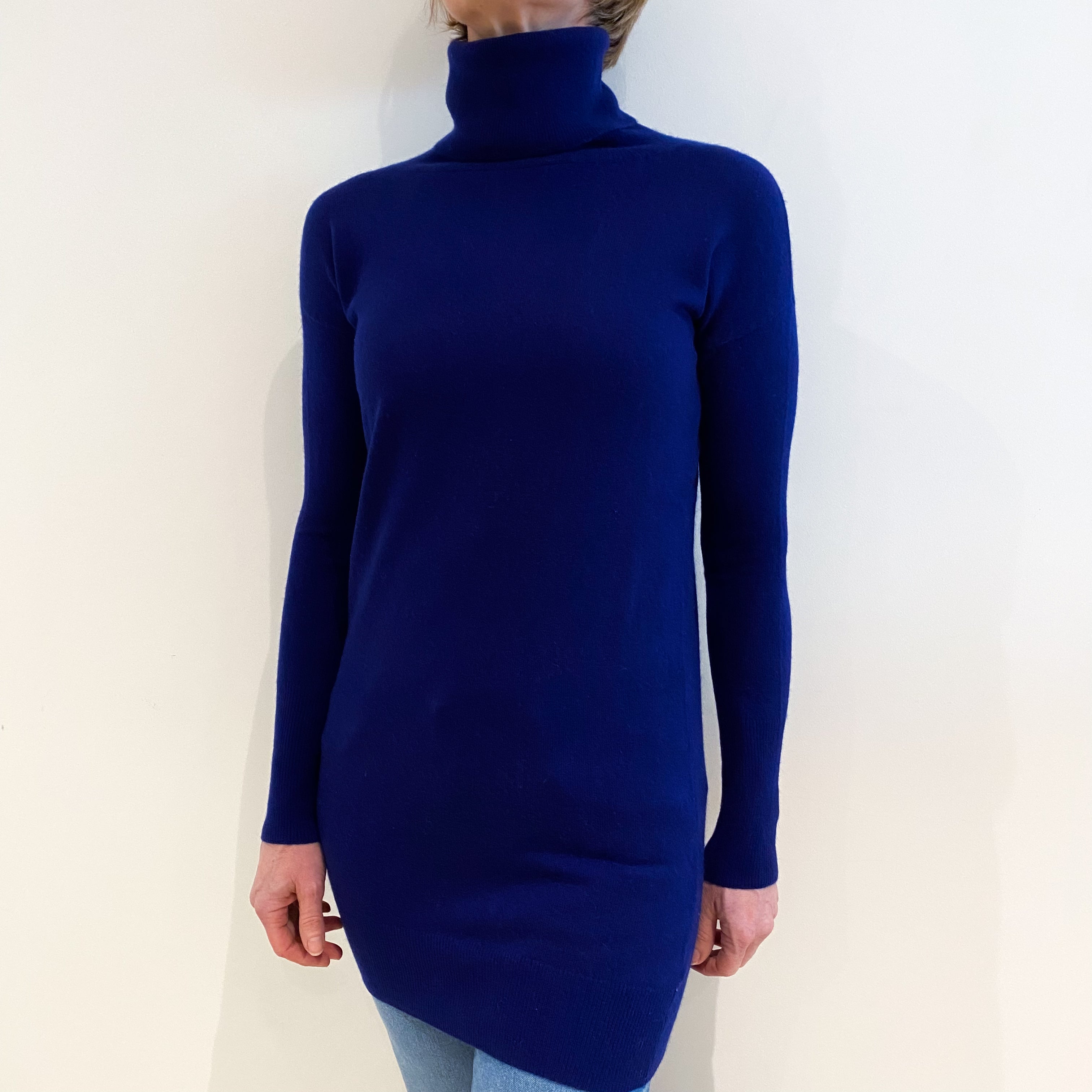 Indigo Blue Longline Cashmere Polo Neck Jumper Small