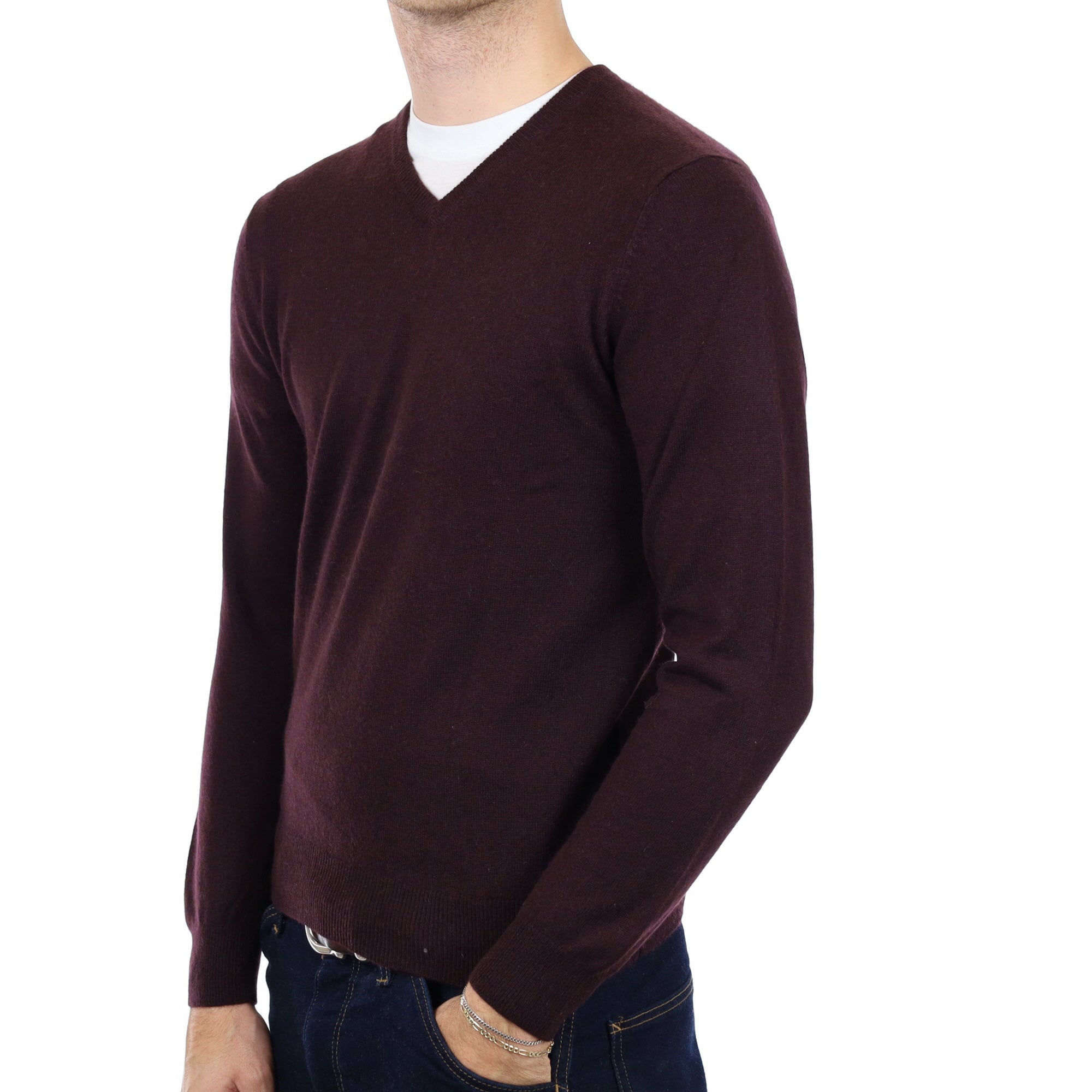 Men's Mulberry Purple Cashmere V Neck Jumper Medium