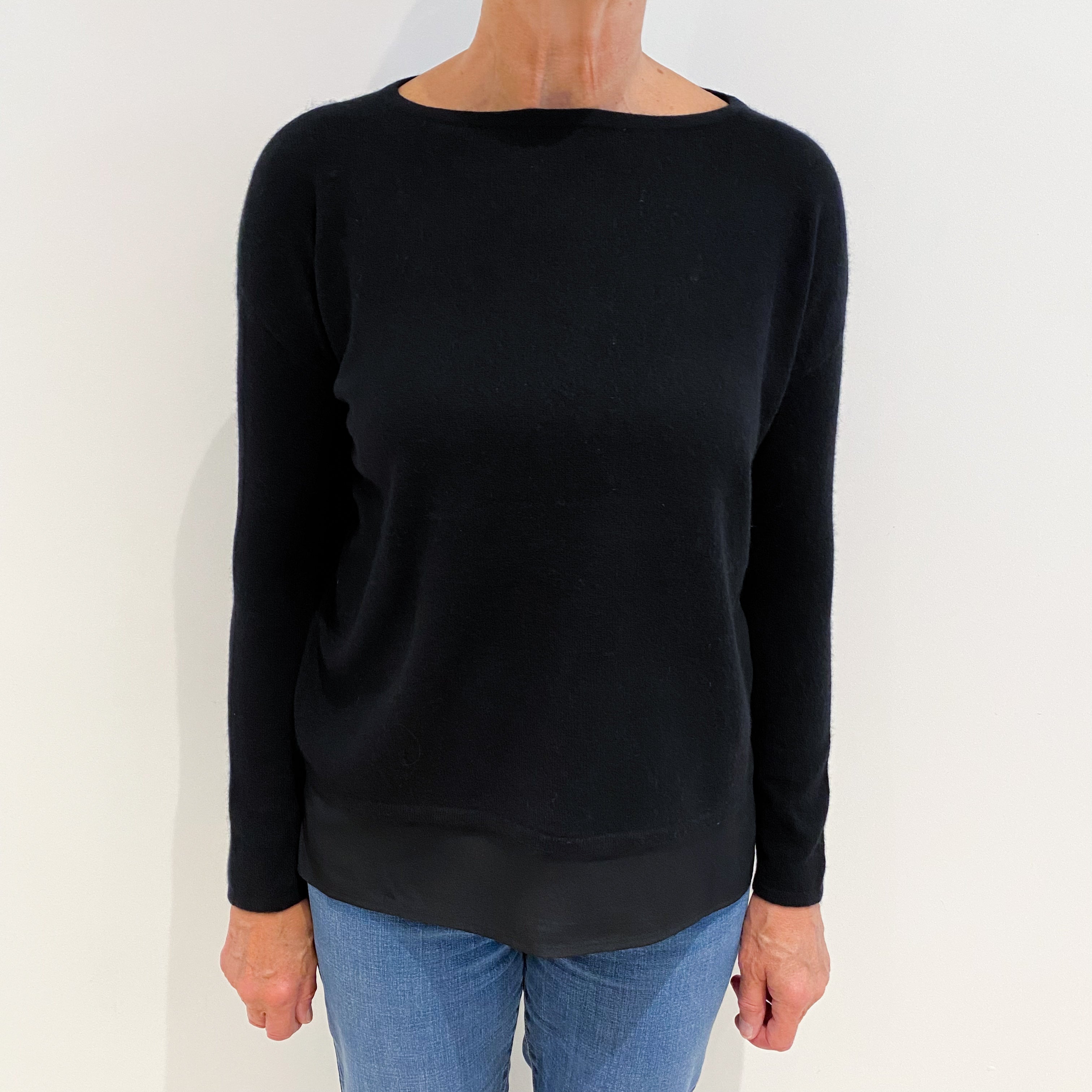 Black Silk Trim Cashmere Boat Neck Jumper Medium