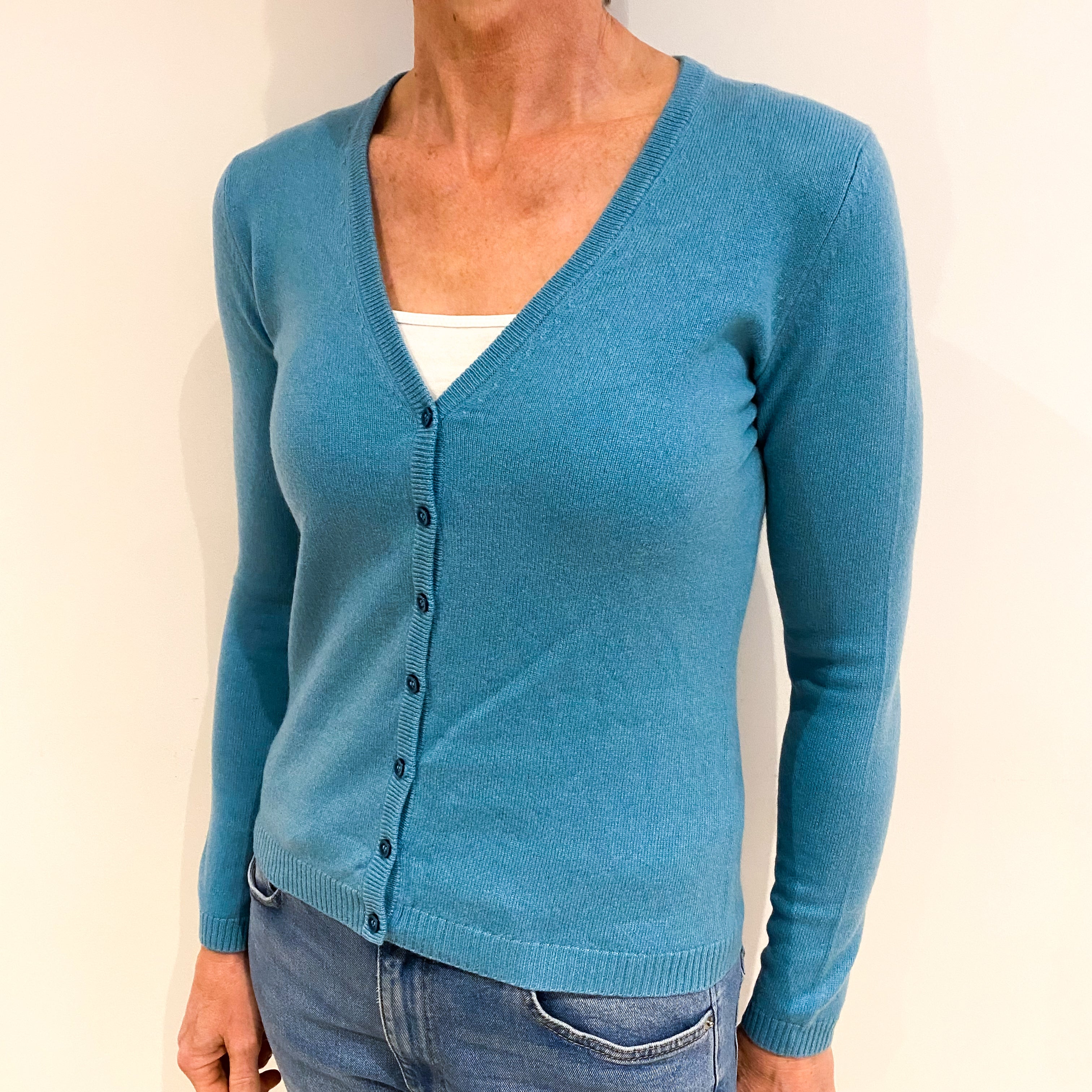 Muted Aqua Cashmere V Neck Cardigan Small