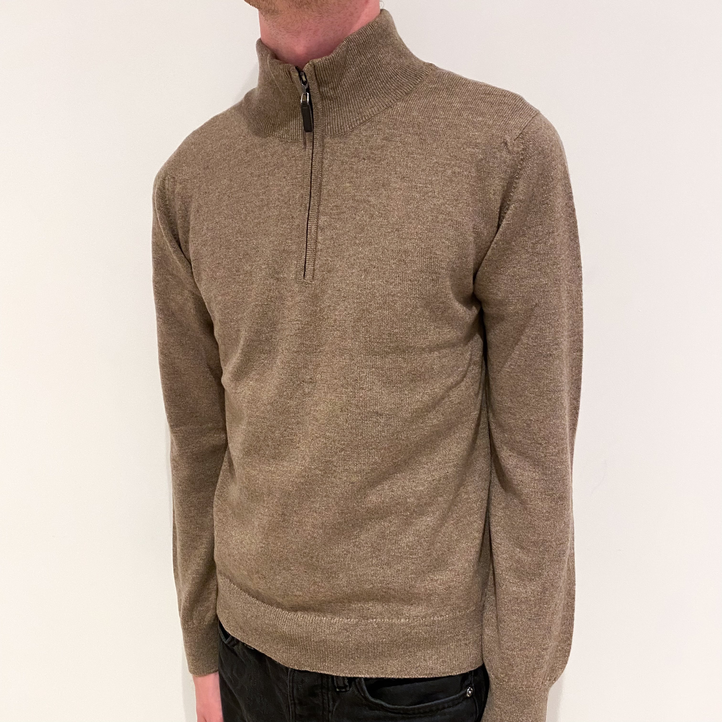 Men's Brand New Scottish Donkey Brown Cashmere 1/4 Zip Jumper Extra Small