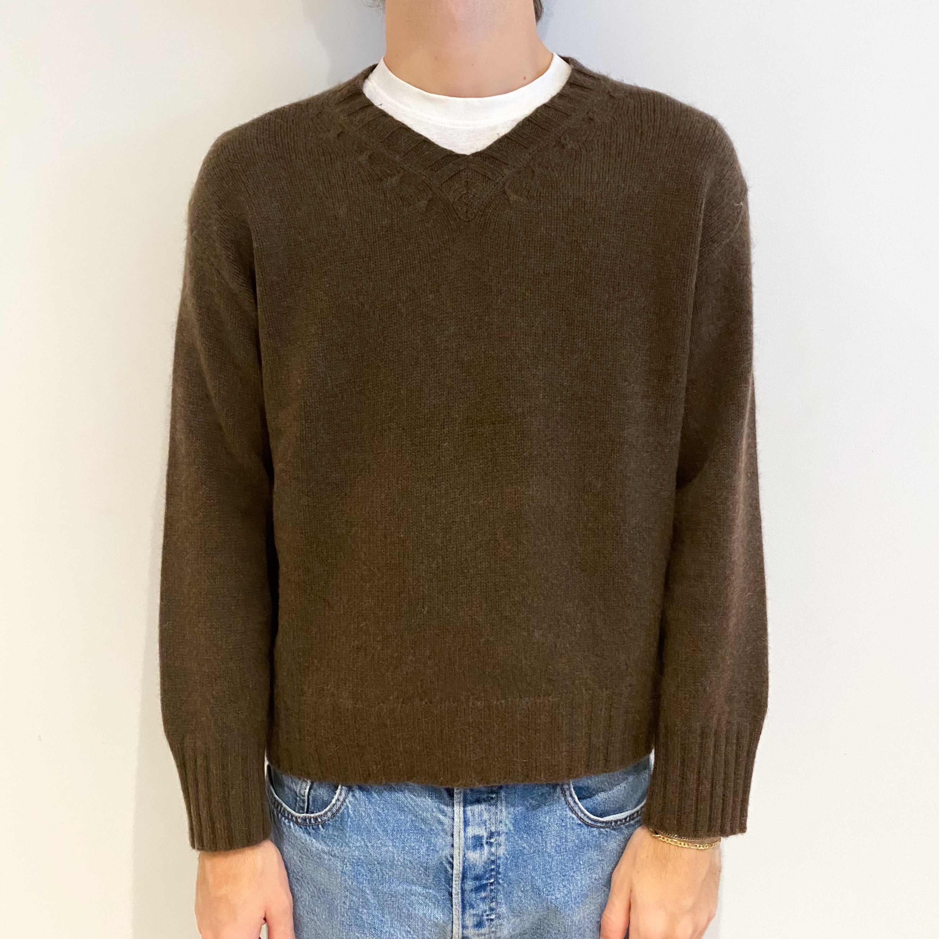 Men's Saddle Brown Heavy Knit Cashmere V Neck Jumper Medium