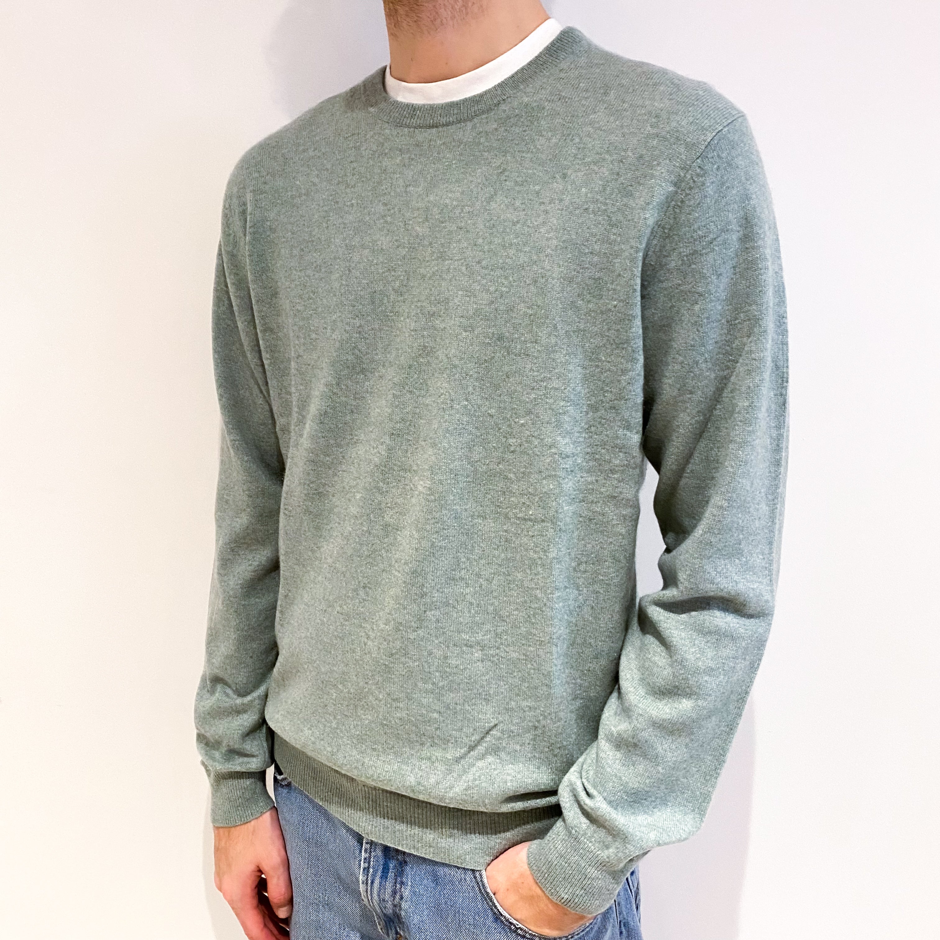 Men's Mint Green Cashmere Crew Neck Jumper Large