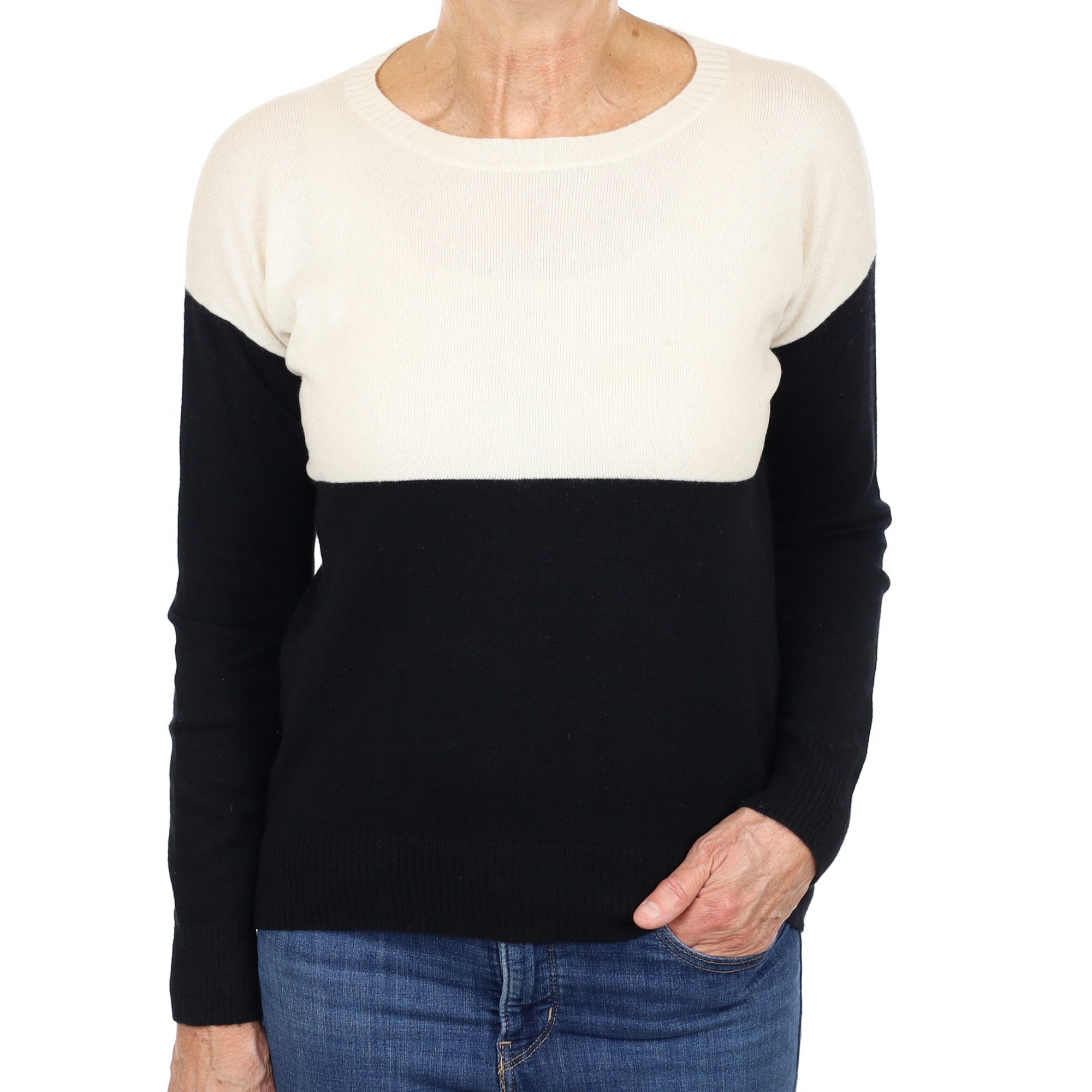 Cream and Black Cashmere Crew Neck Jumper Medium