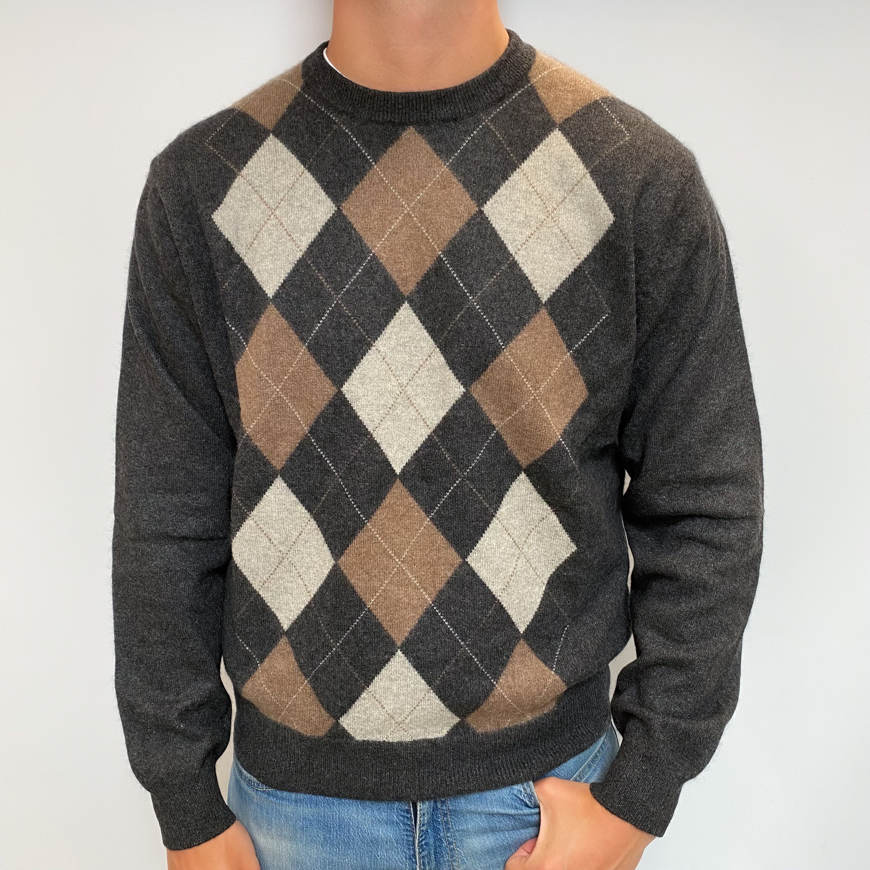 Men's Charcoal Grey Argyle Cashmere Crew Neck Jumper XL