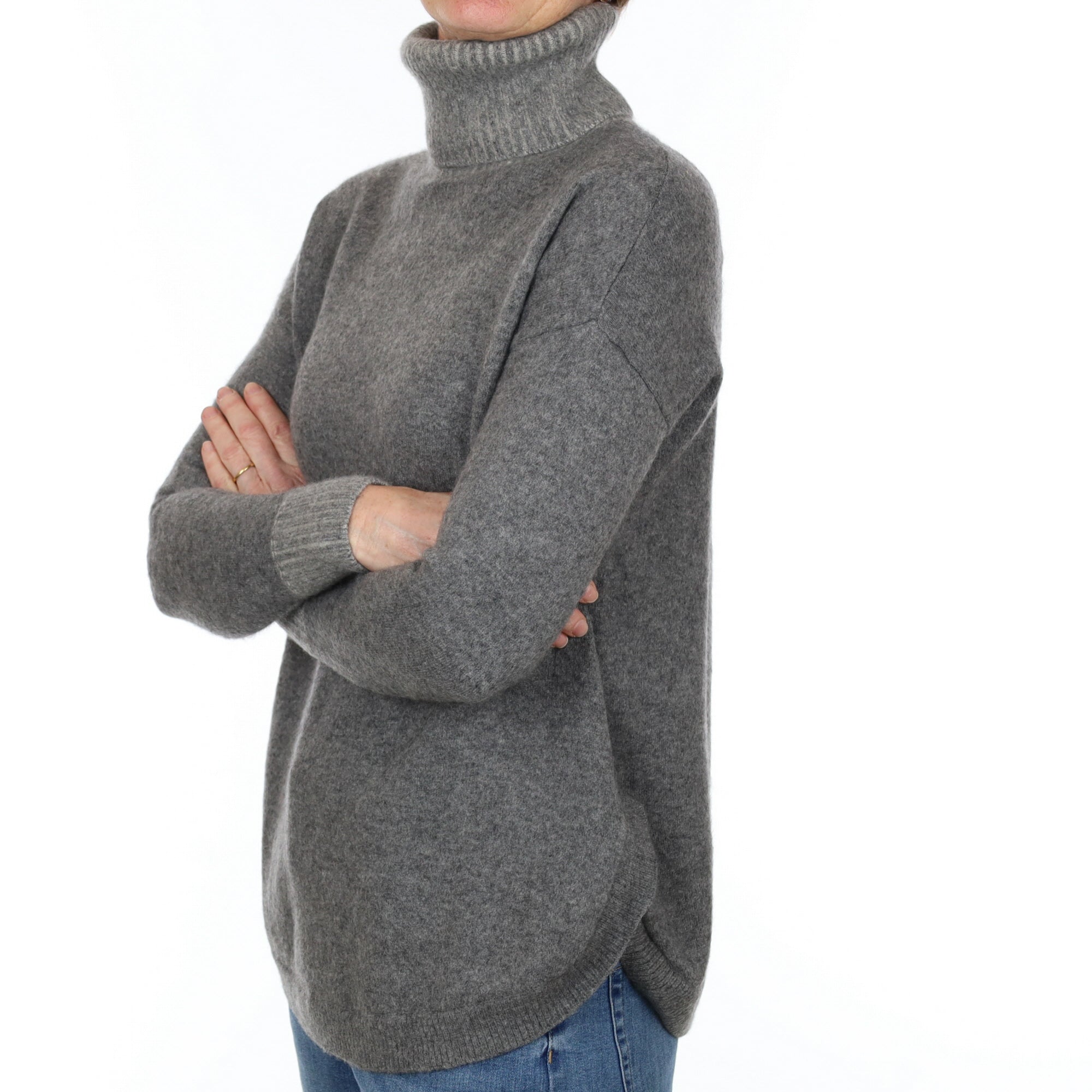Ash Grey Cashmere Scooped Hem Polo Neck Jumper Small