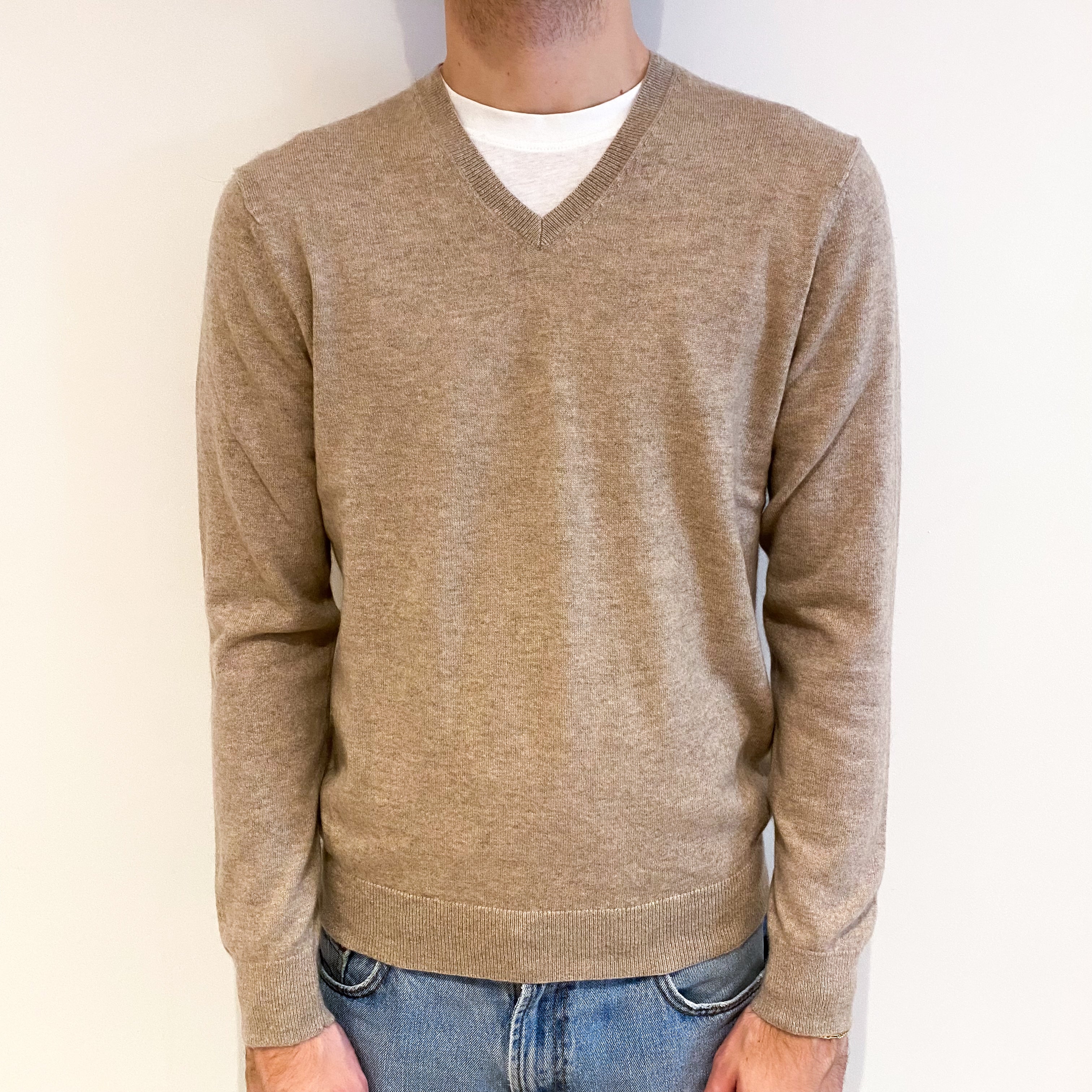Men's Fawn Beige Cashmere V Neck Jumper Medium