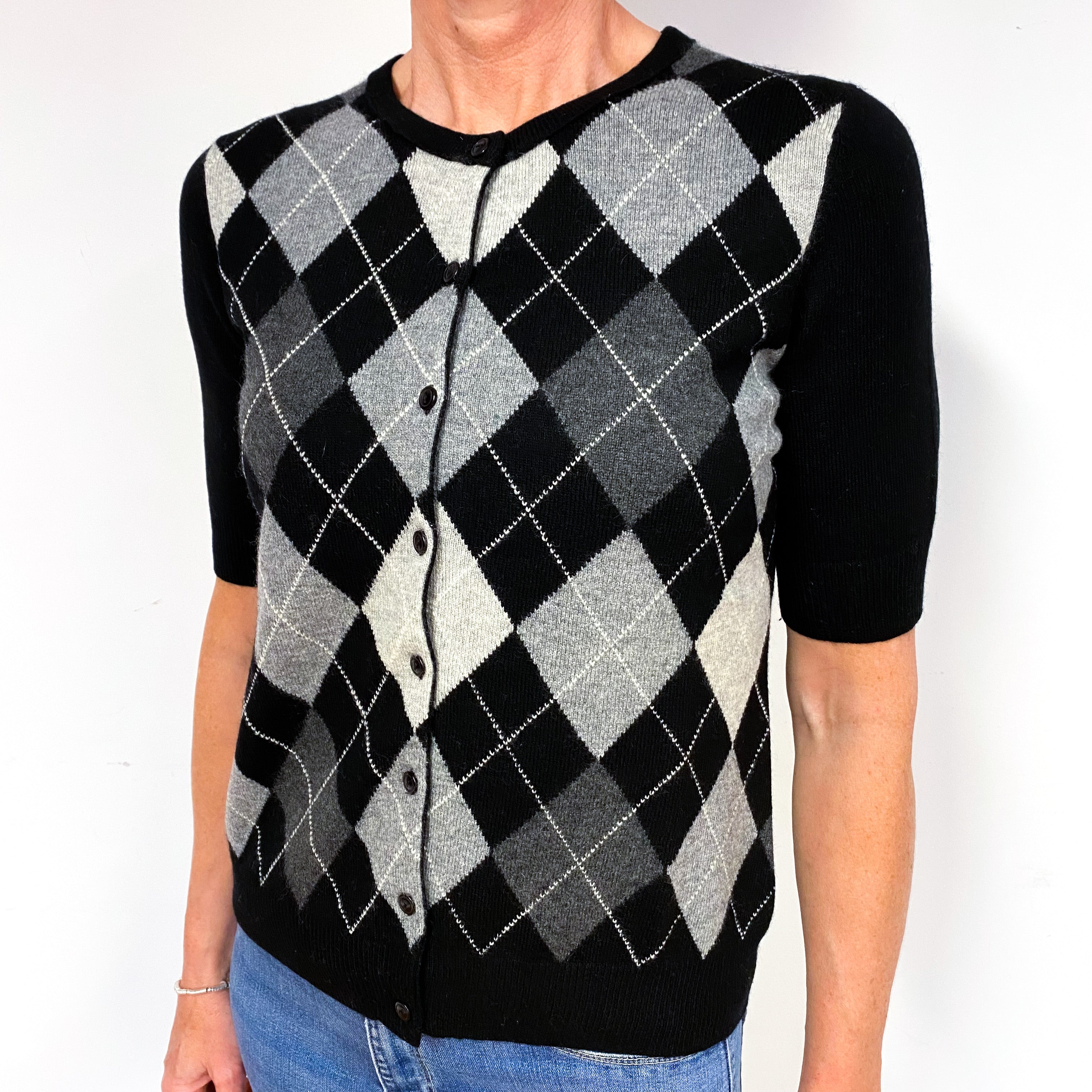 Black Grey Argyle Cashmere Short Sleeve Cardigan Medium