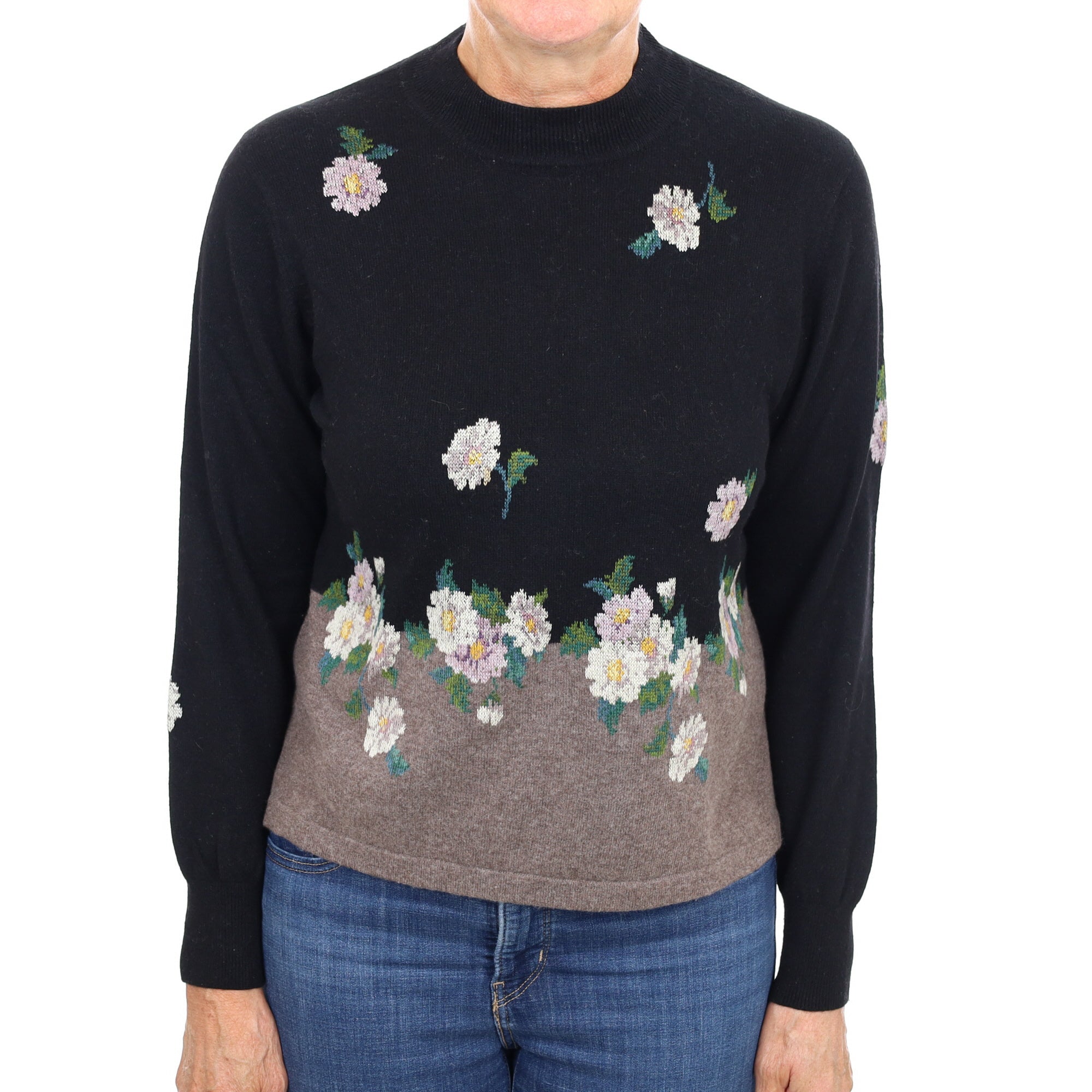 Black and Mocha Floral Cashmere Turtle Neck Jumper Medium