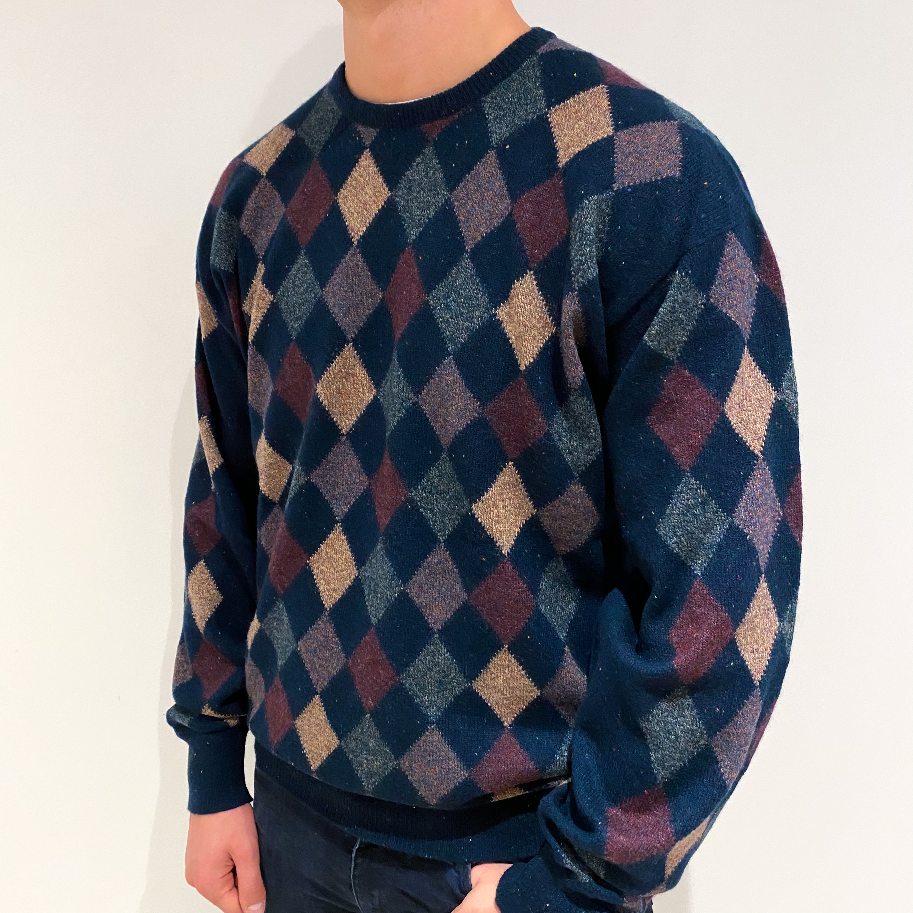 Men's Scottish Deep Petrol Blue Patterned Cashmere Crew Neck Jumper XL