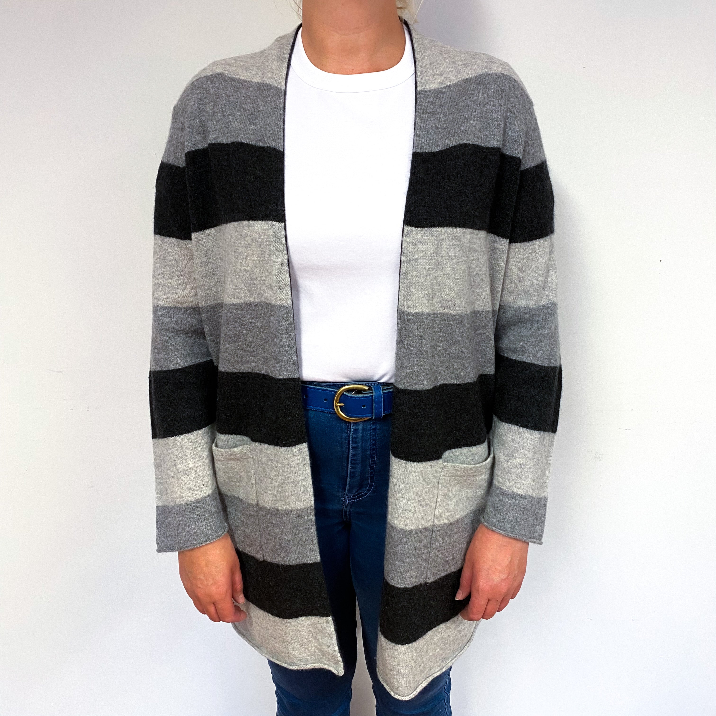 Grey Stripe Cashmere Edge to Edge Cardigan Large
