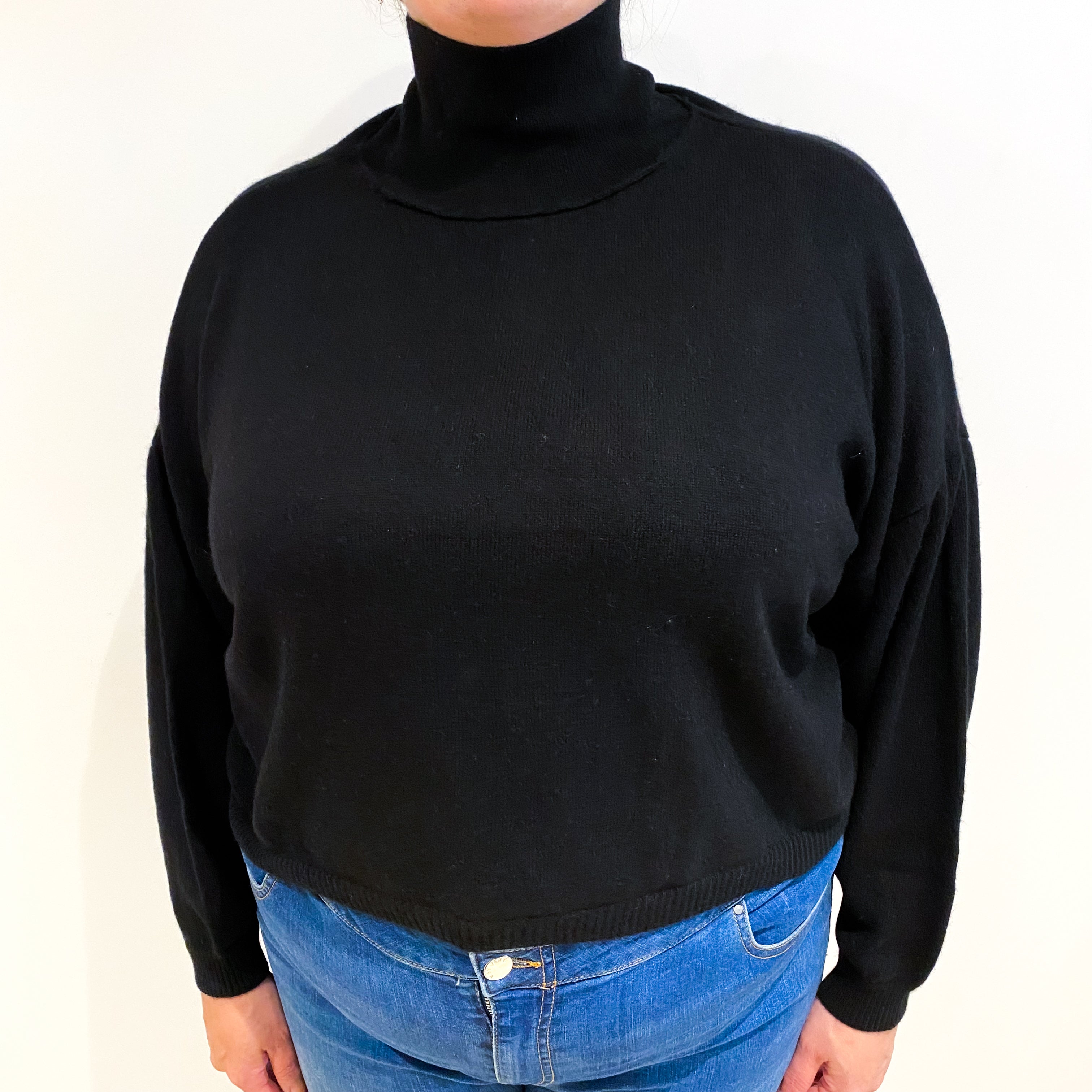 Black Cashmere Slouchy Cropped Polo Neck Jumper Extra Large