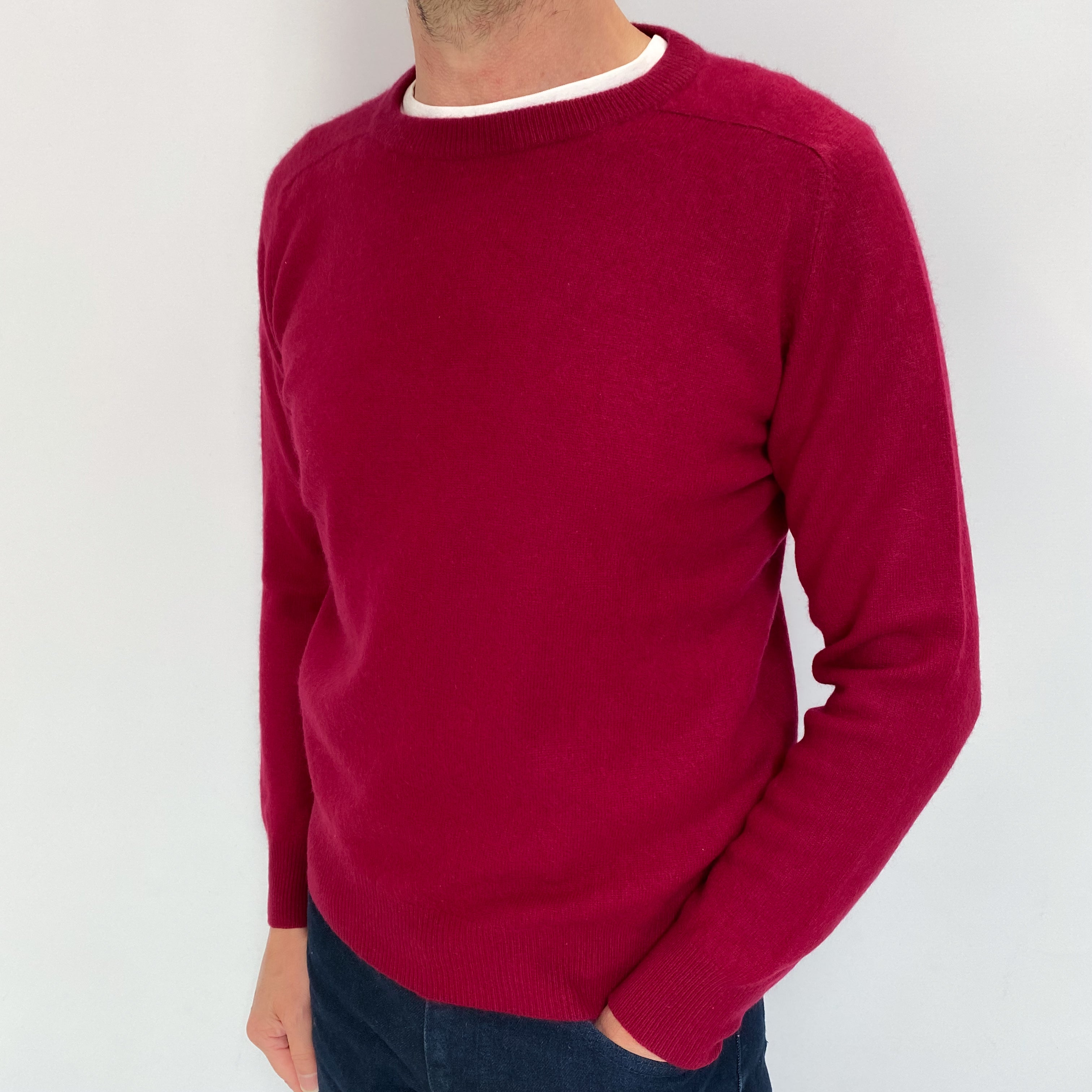 Men's Garnet Red Cashmere Crew Neck Jumper Small