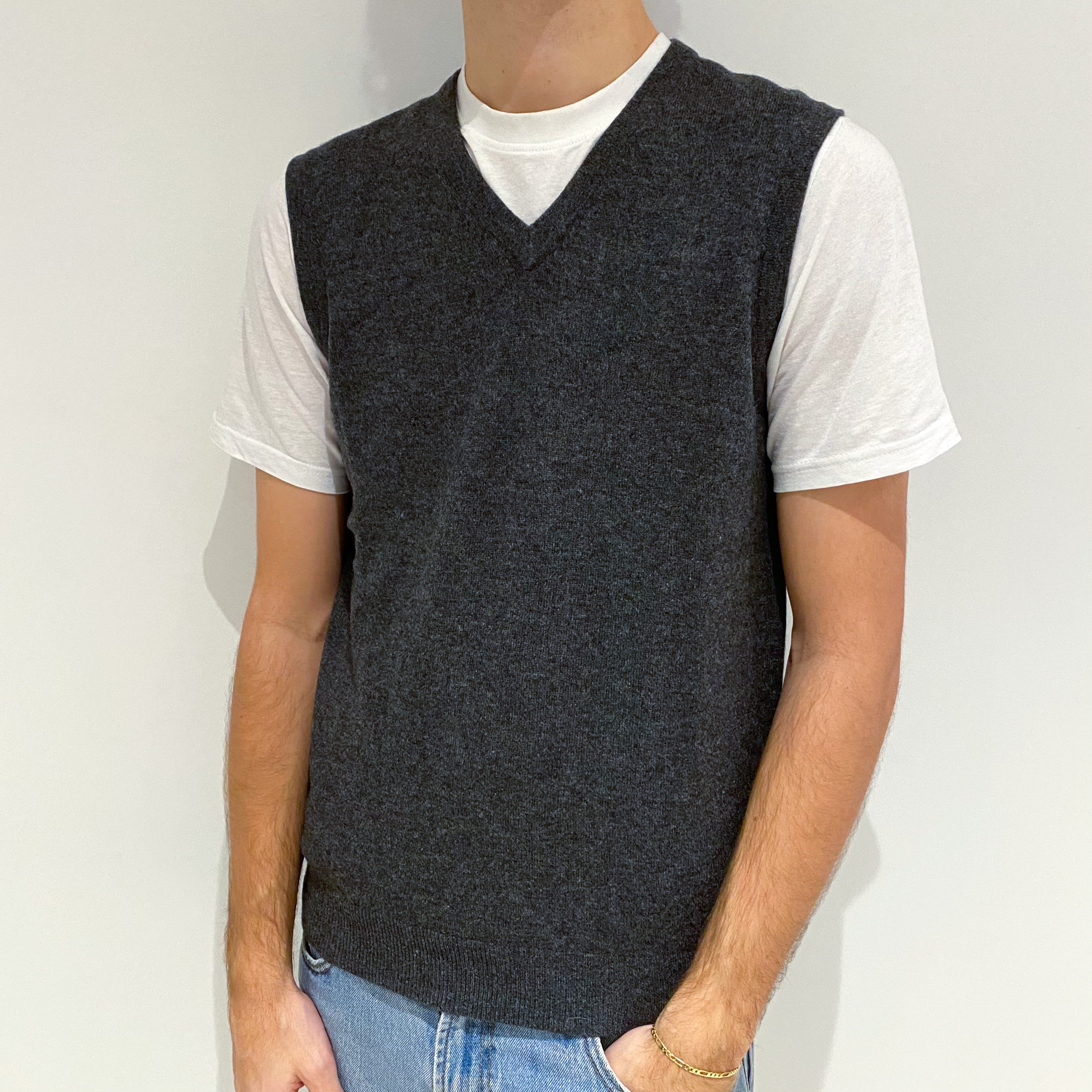 Men's Dark Slate Grey Cashmere V-Neck Tank Top Large