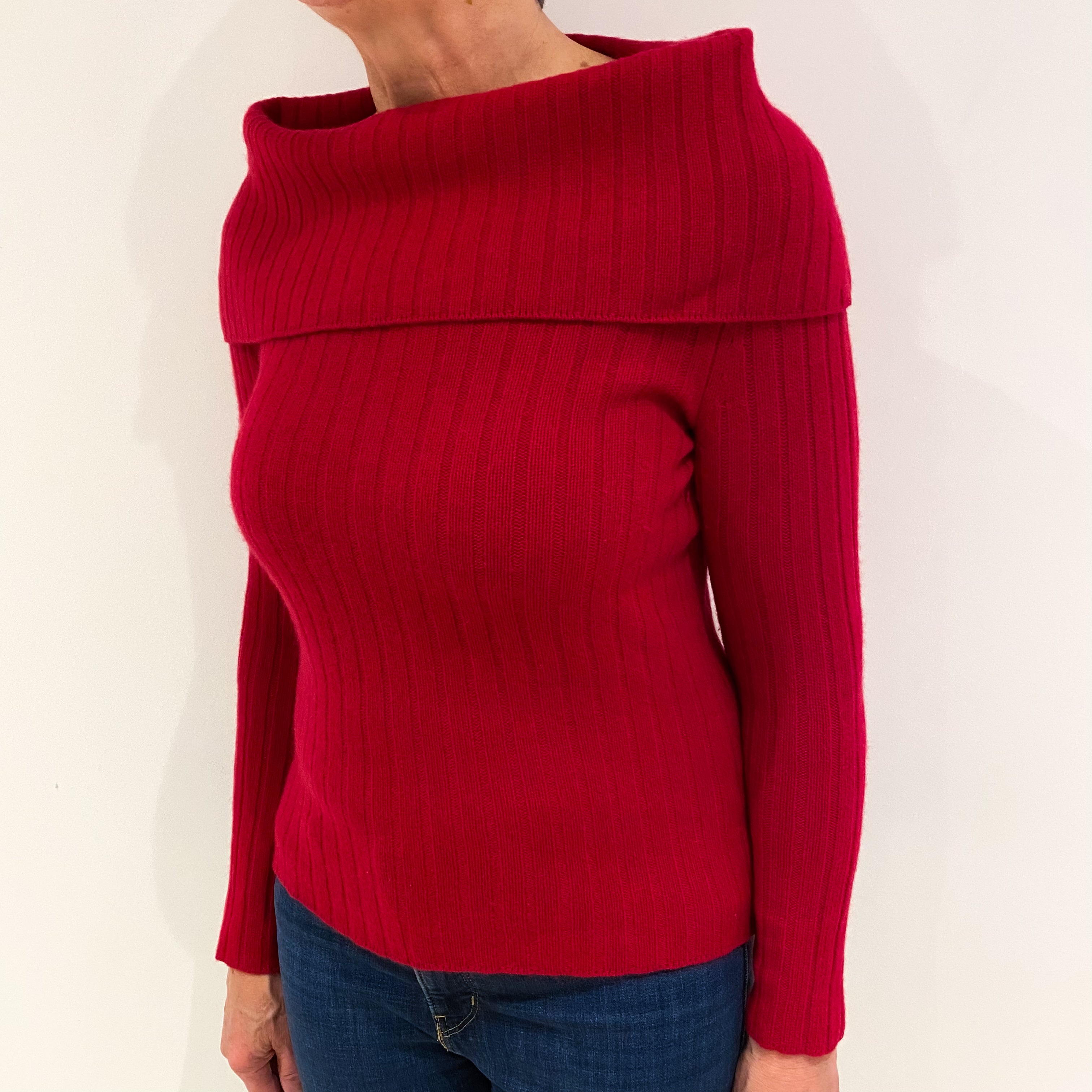Raspberry Pink Ribbed Cashmere Bardot Jumper Medium
