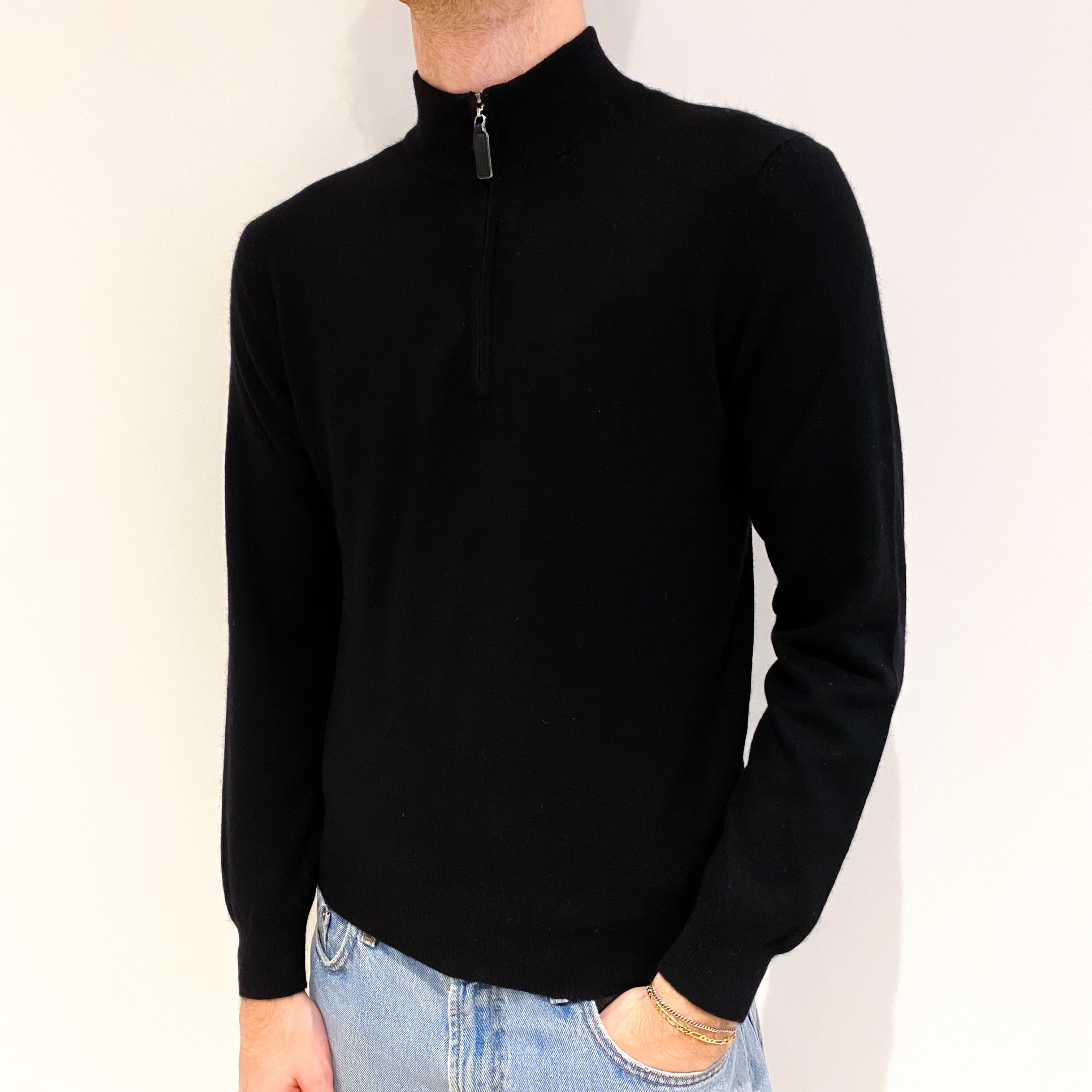 Men's Black Cashmere 1/4 Zip V Neck Jumper Medium