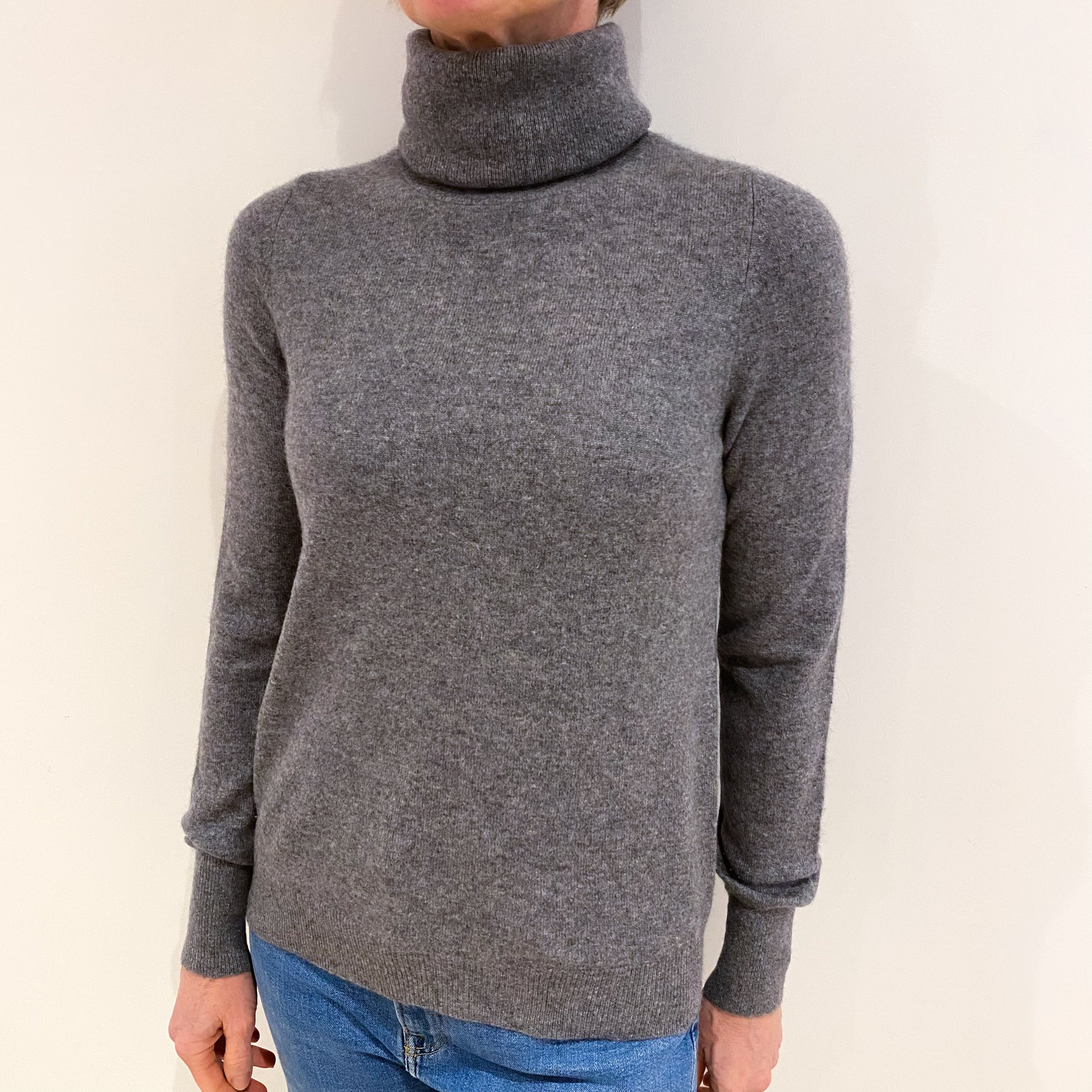 Jaeger Ash Grey Cashmere Polo Neck Jumper Small
