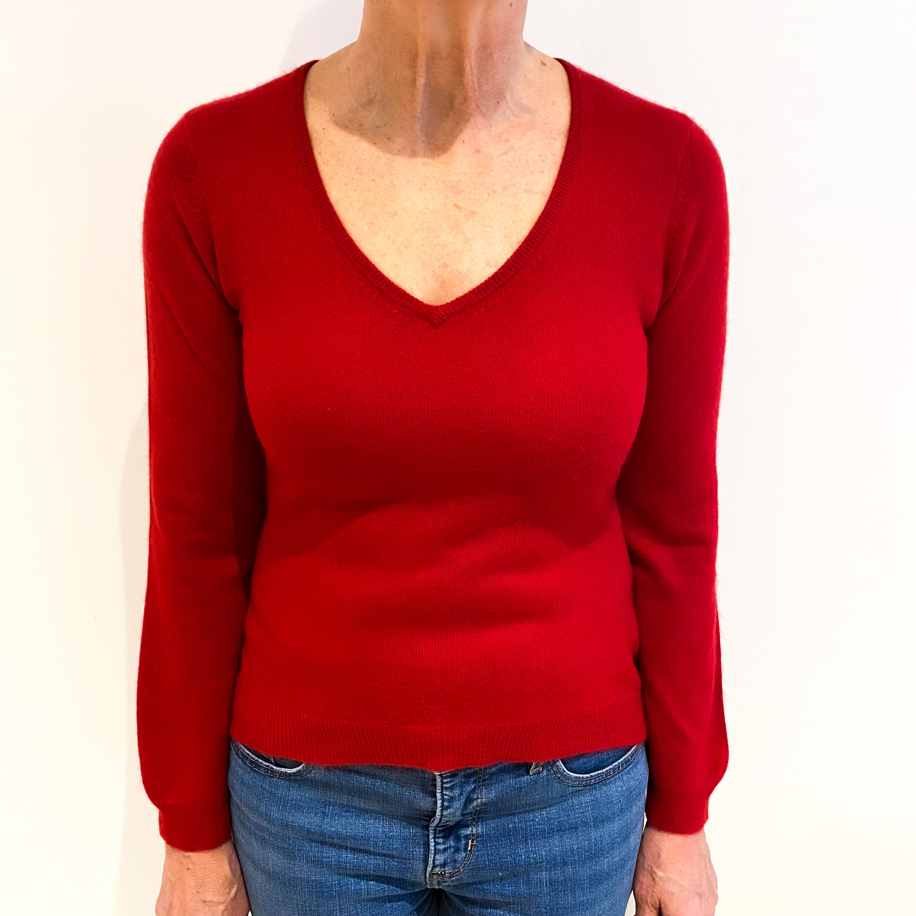 Post Box Red Cashmere V Neck Jumper Medium