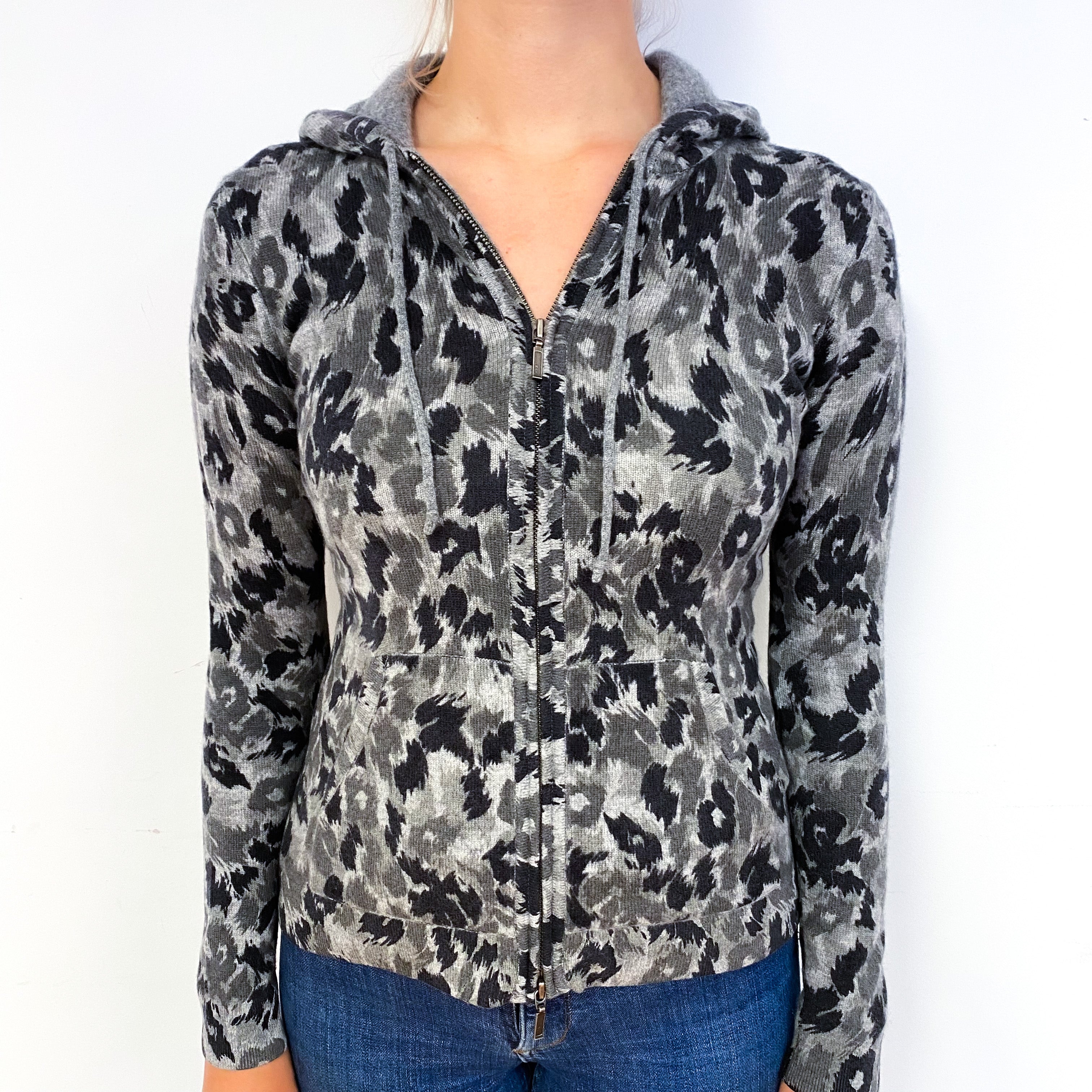 Grey Camouflage Cashmere Zip Up Hoodie with Pockets Small
