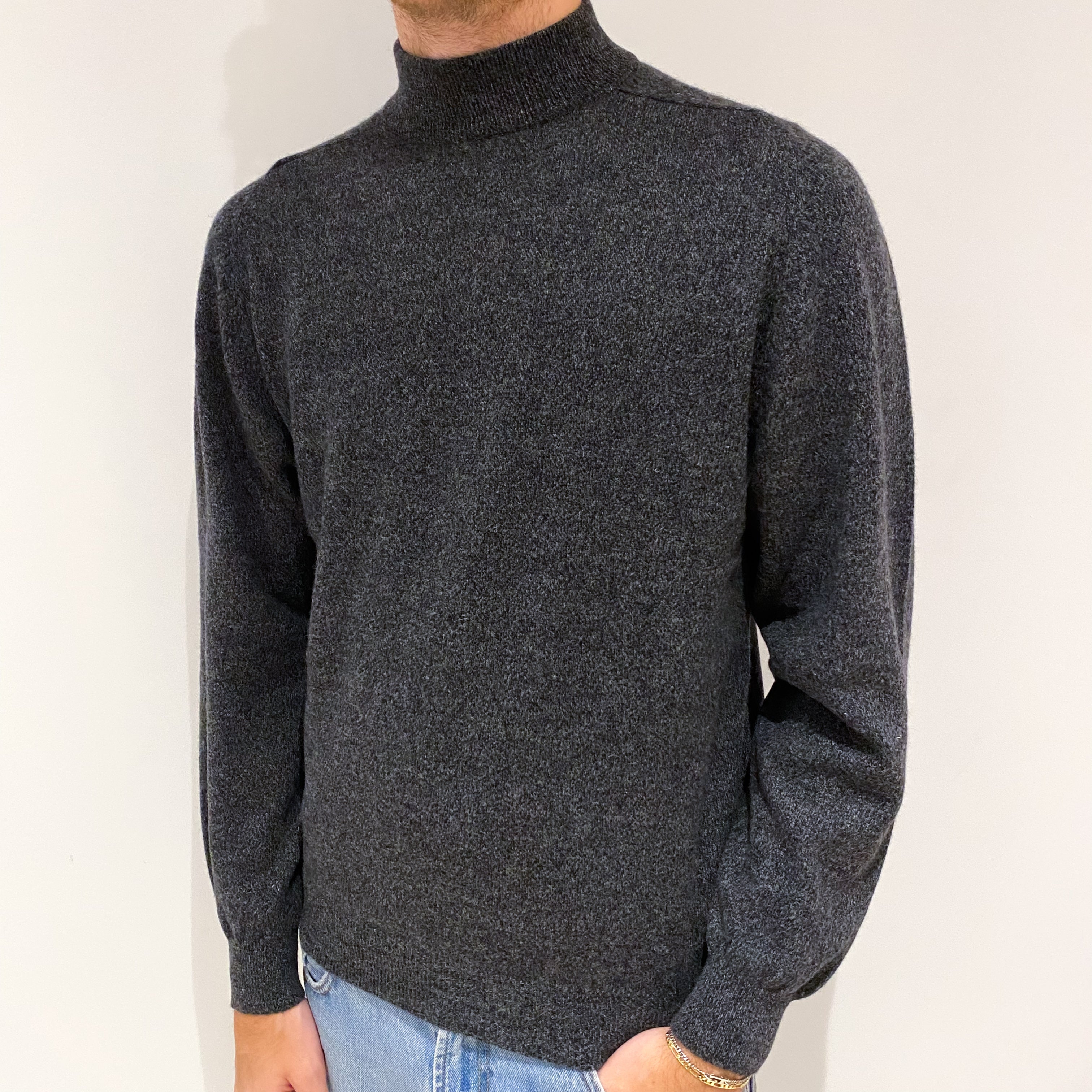 Men's Grey Marl Cashmere Turtle Neck Jumper Large