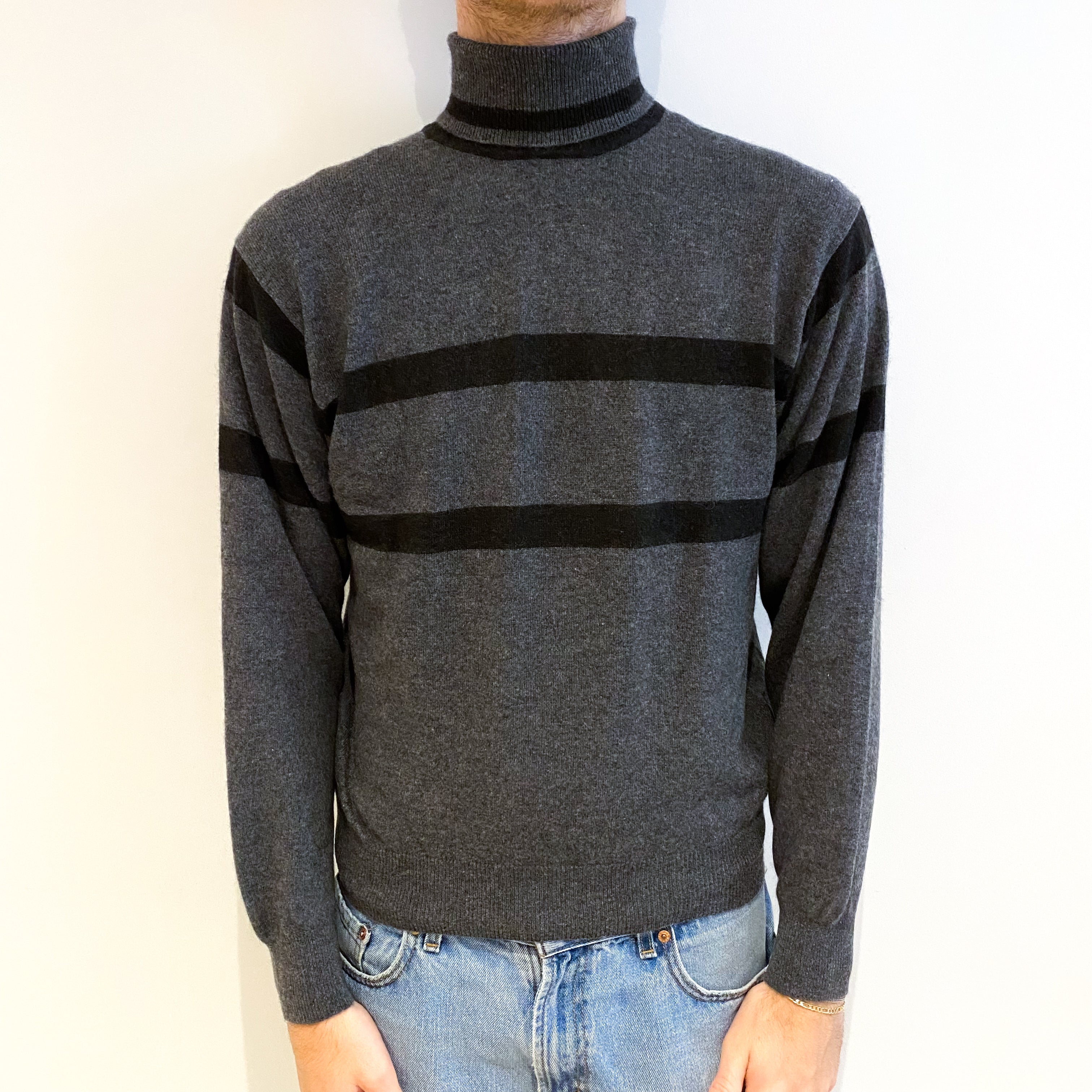 Men's Slate Grey Black Stripe Cashmere Polo Neck Jumper Large