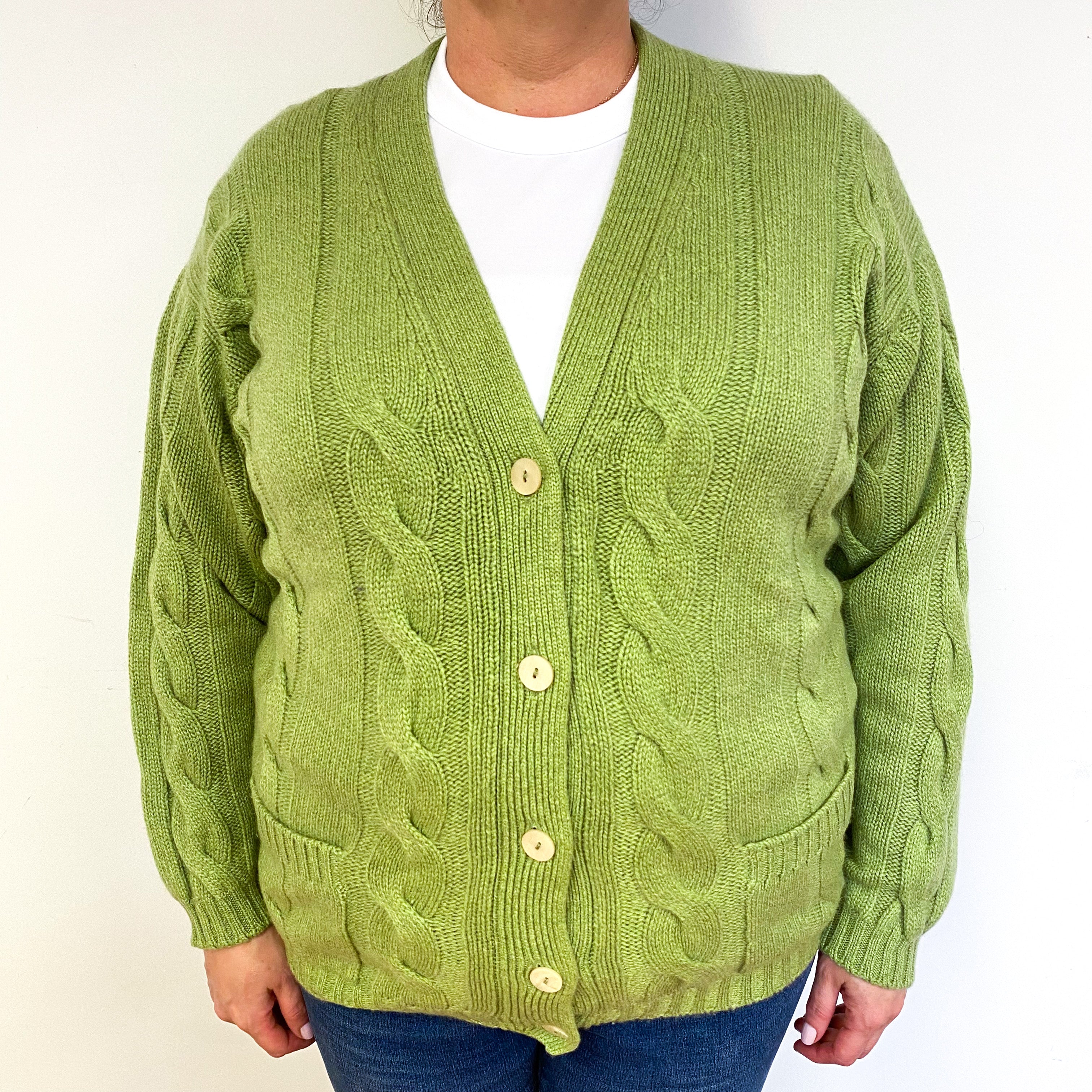 Lime Green Chunky Cable Cashmere V-Neck Cardigan Extra Large