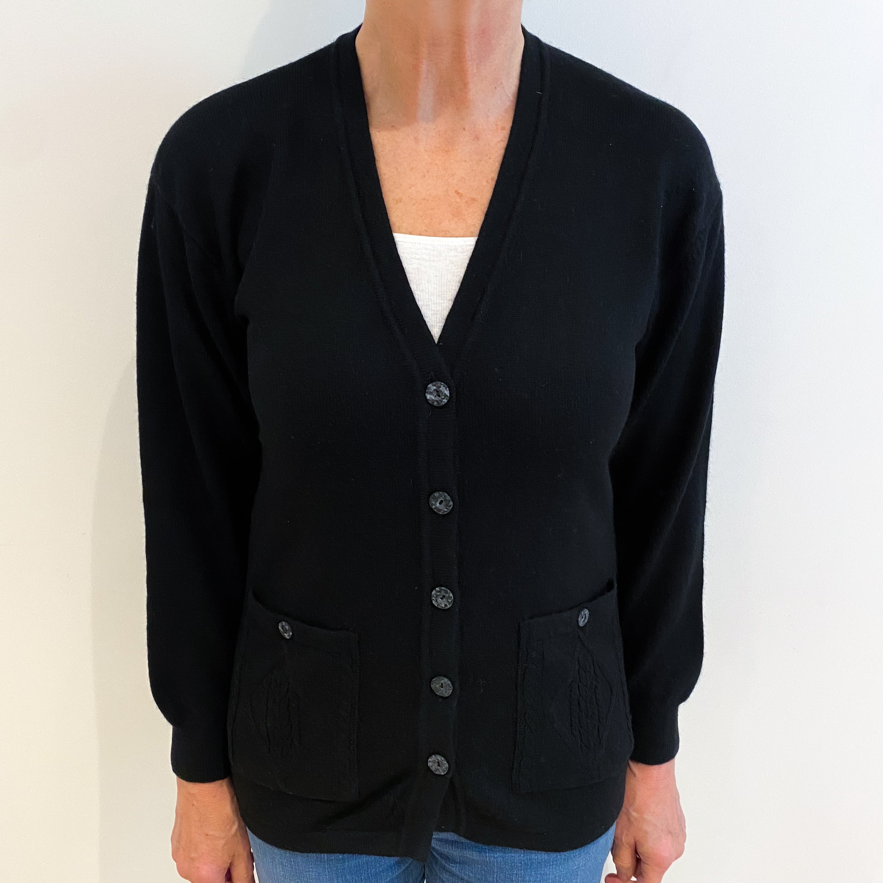 Black Cashmere V Neck Cardigan With Pockets Medium