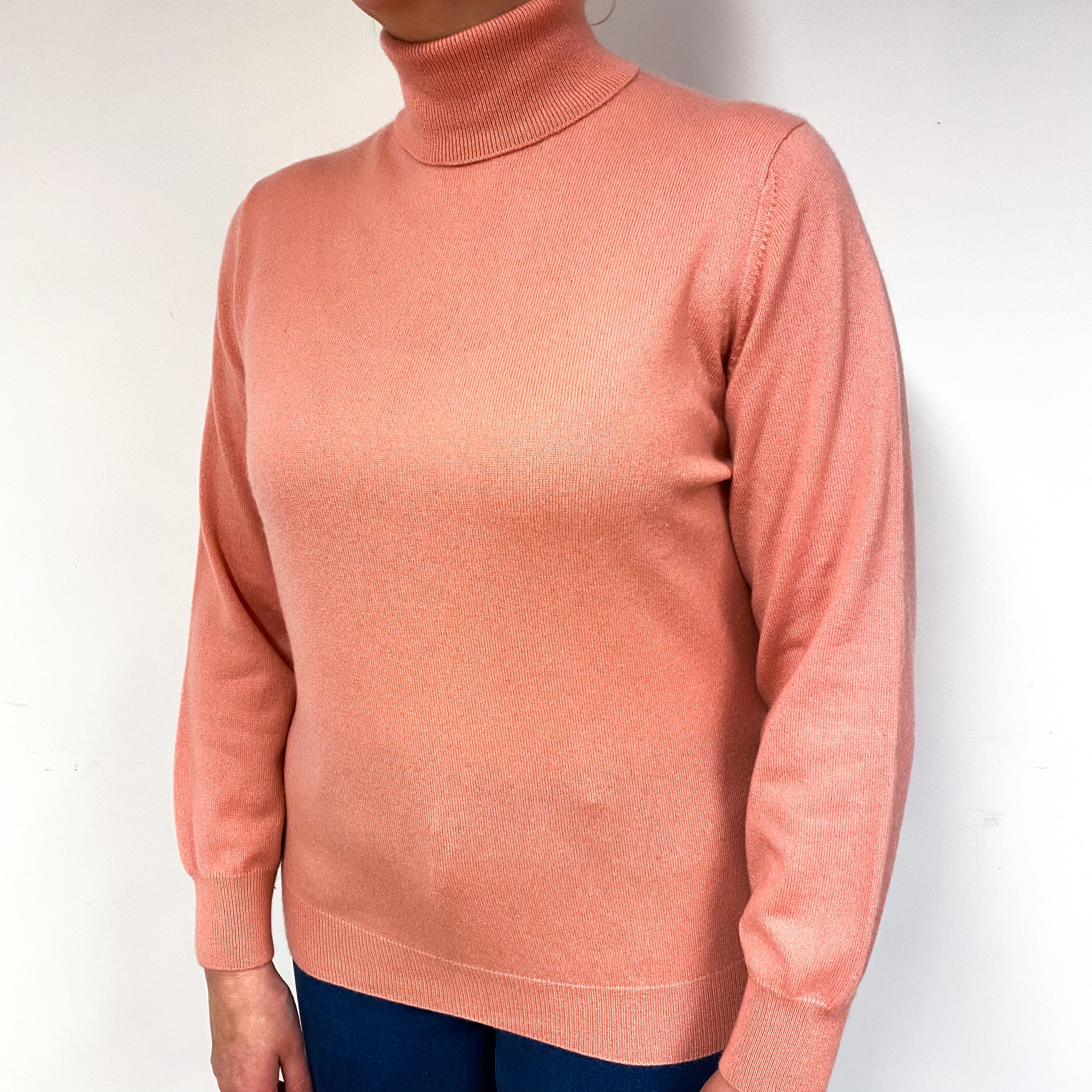 Deep Peach Pink Cashmere Polo Neck Jumper Large
