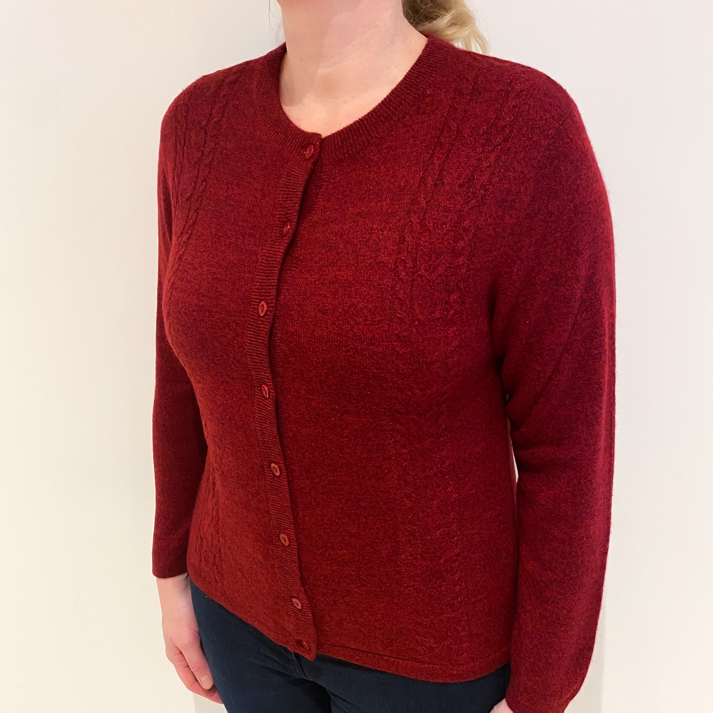 Crimson Red Marl Cashmere Crew Neck Cardigan Large