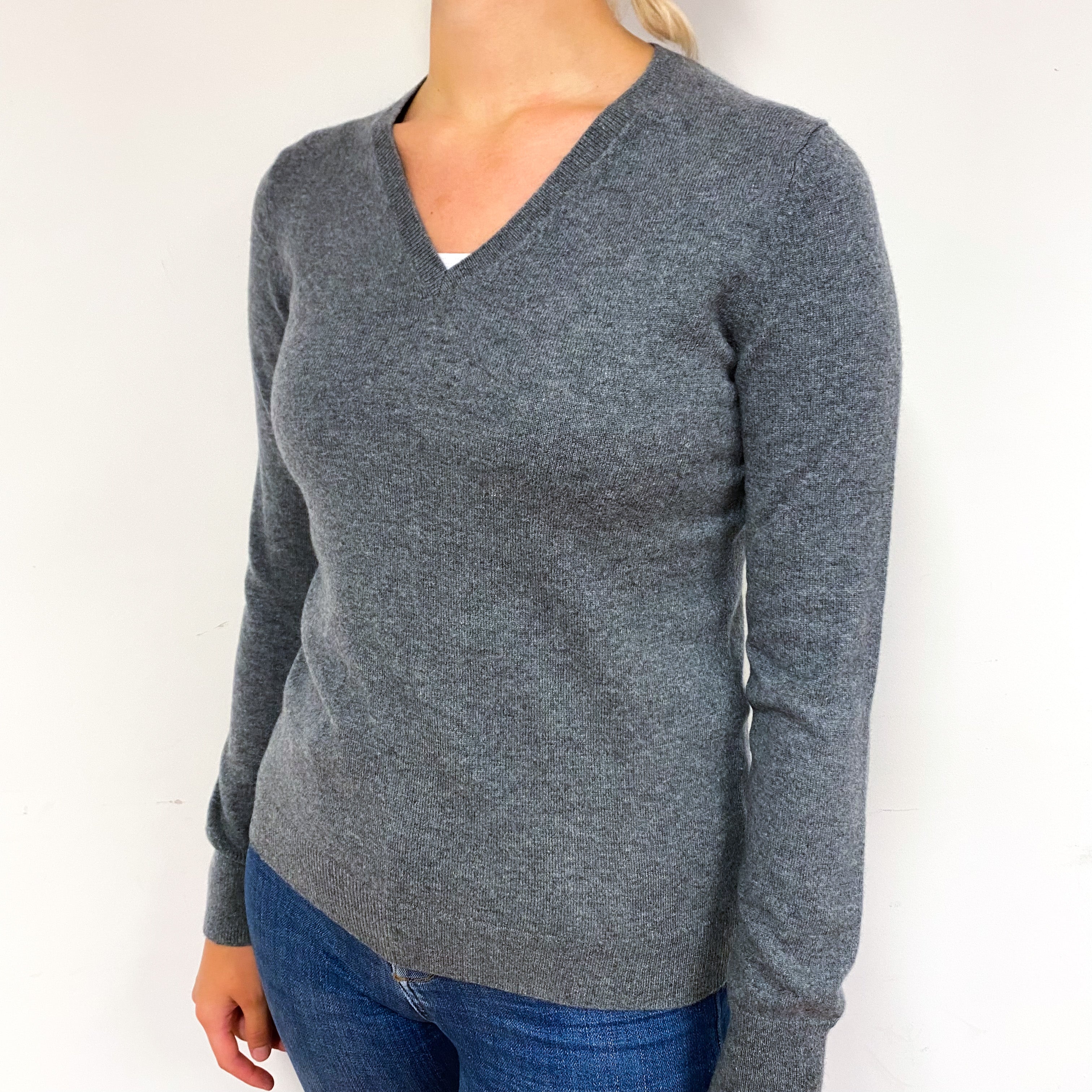 Slate Grey Cashmere V-Neck Jumper Small