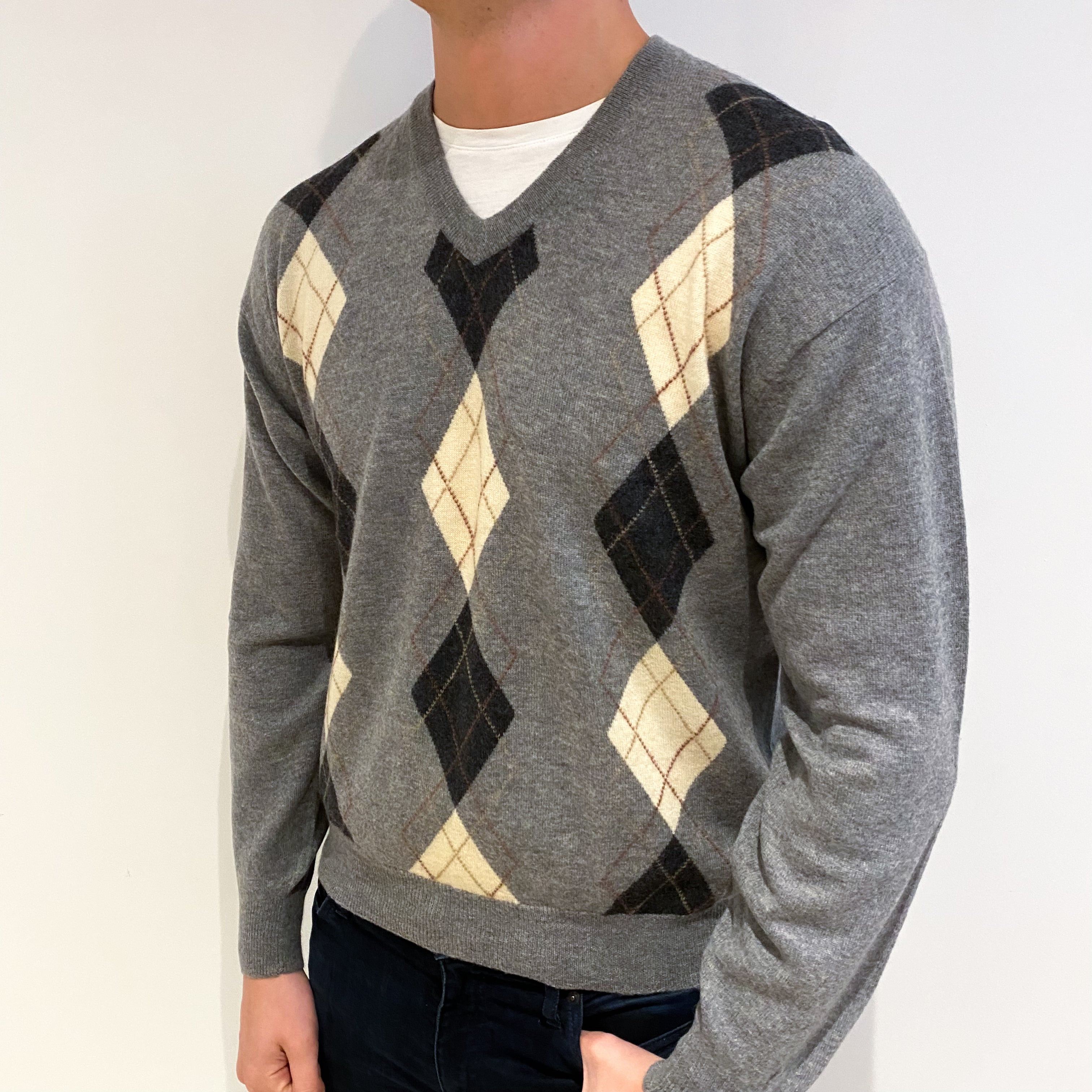 Men's Ash Grey Patterned Cashmere V Neck Jumper XL