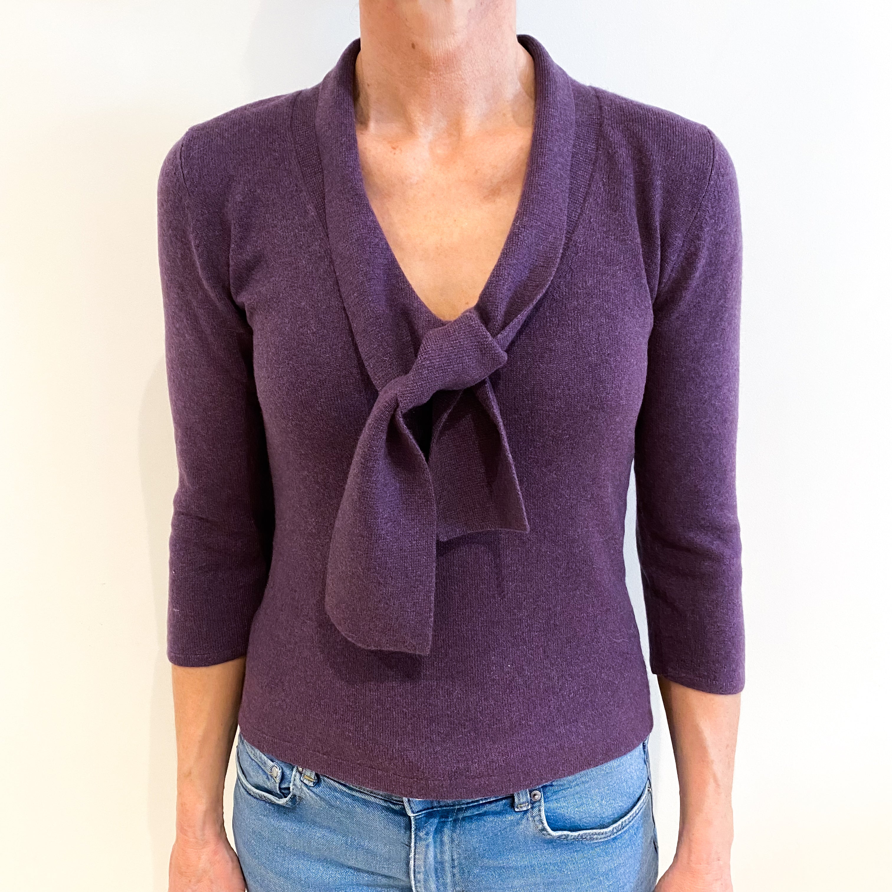 Amethyst Purple Cashmere Tie V Neck Jumper Small