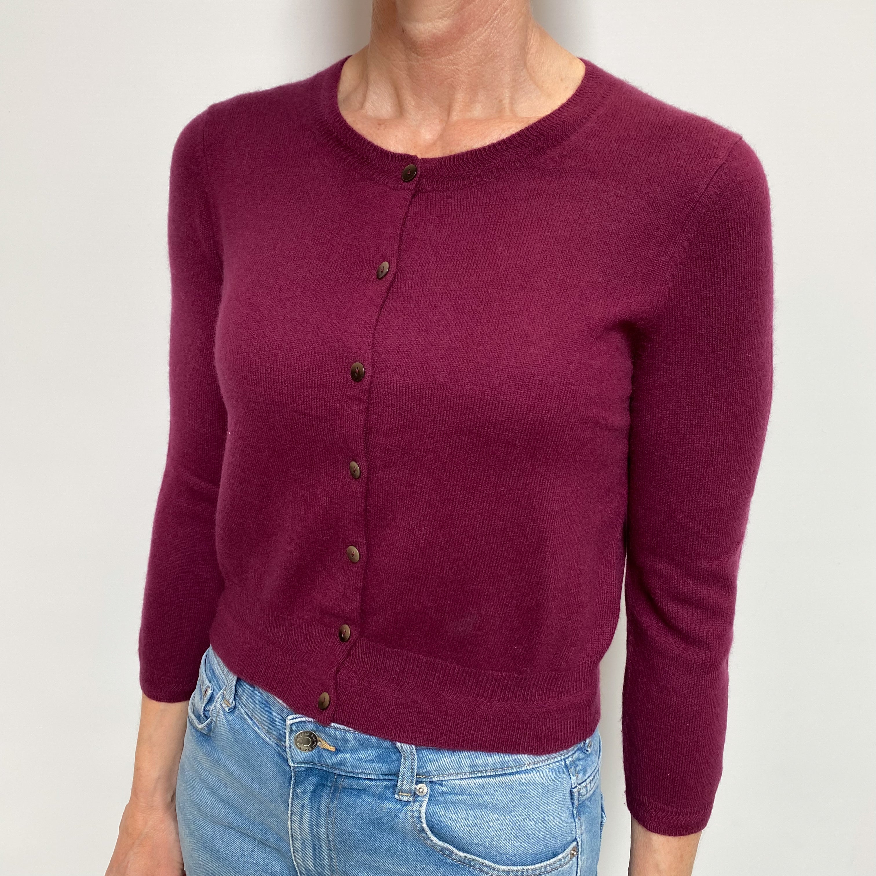 Mulberry Purple Cashmere Cropped Crew Neck Cardigan Small