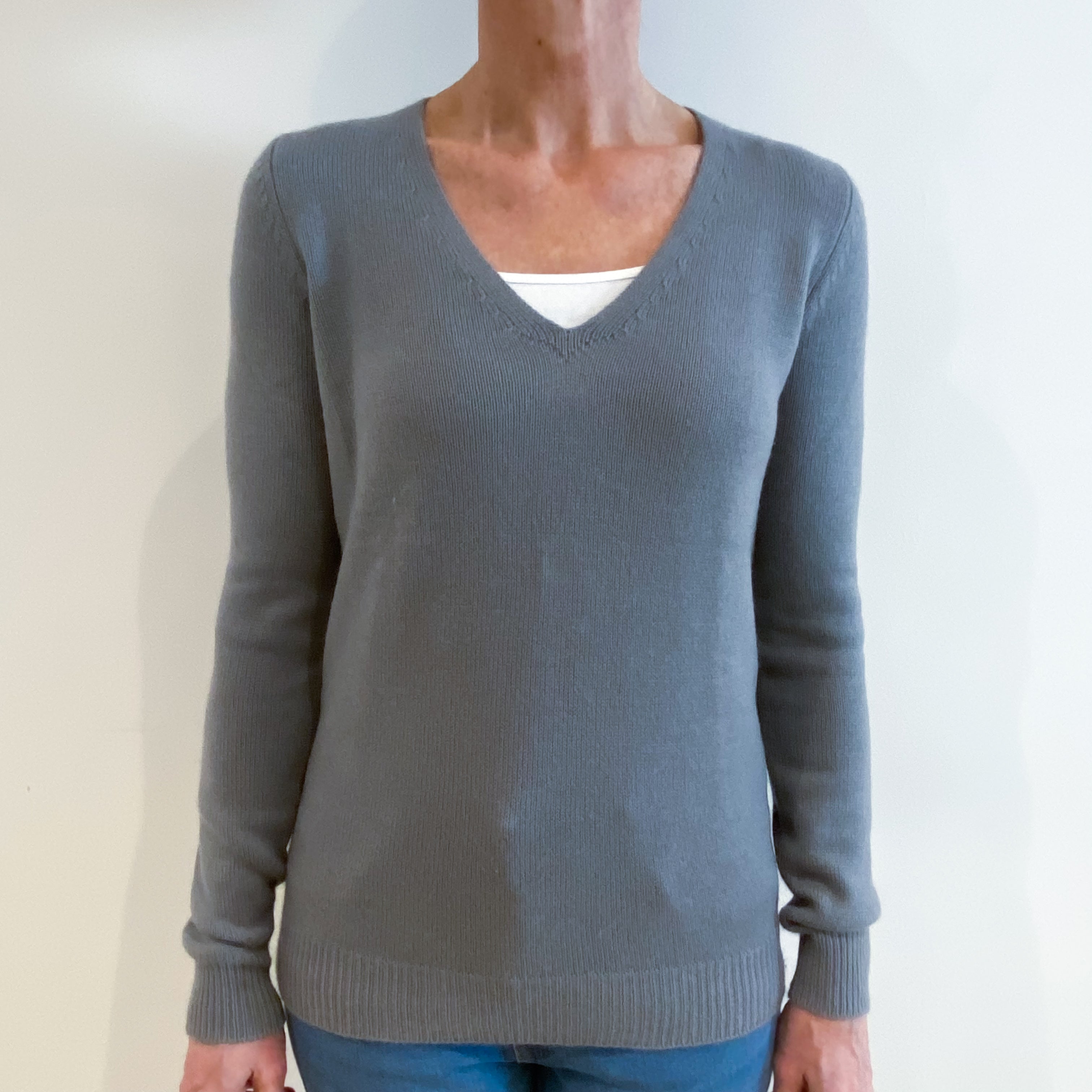 Steel Grey Cashmere V Neck Jumper Small