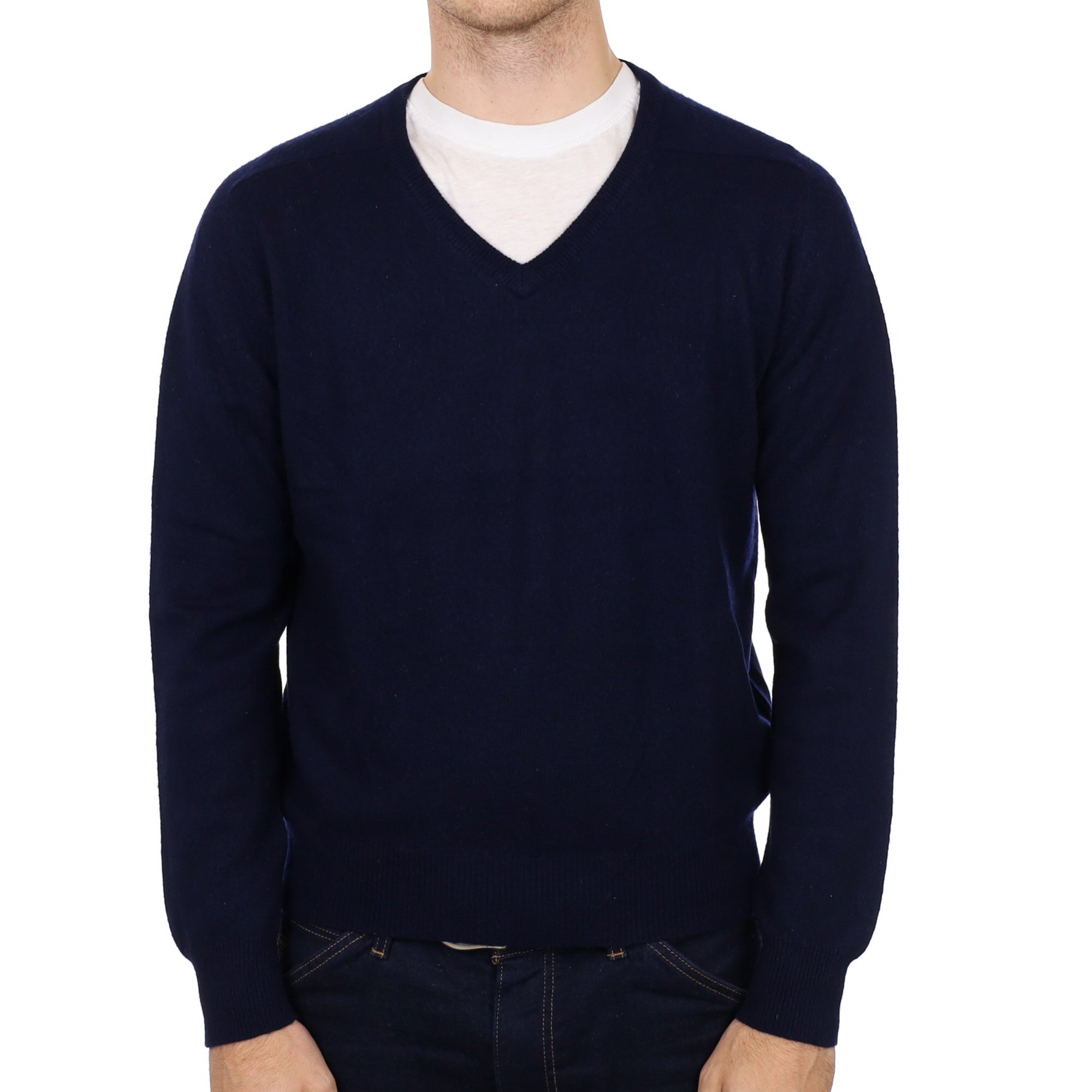 Men's Deep Navy Blue Cashmere V Neck Jumper Medium