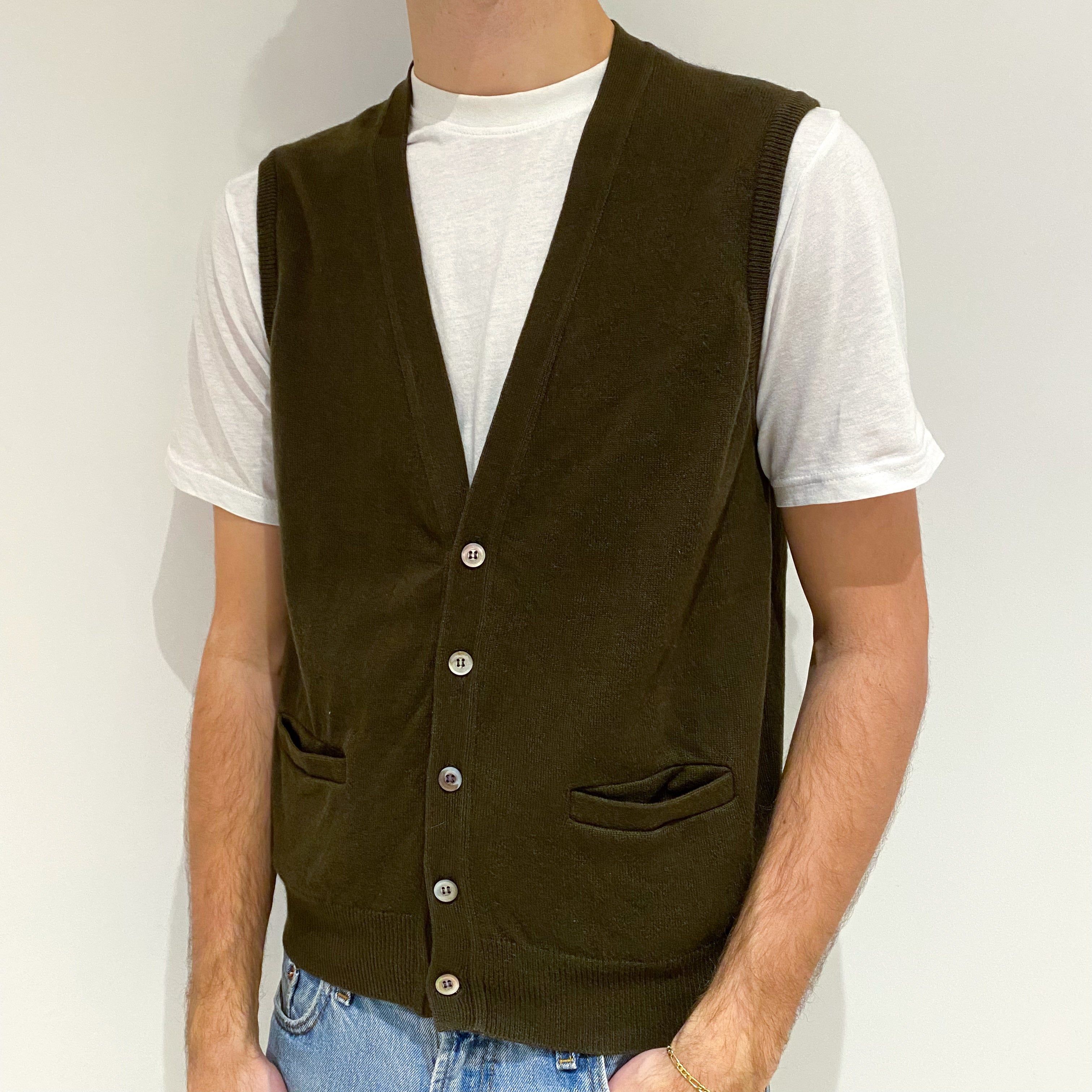 Men's Deep khaki Green Cashmere V-Neck Gilet with Pockets Large